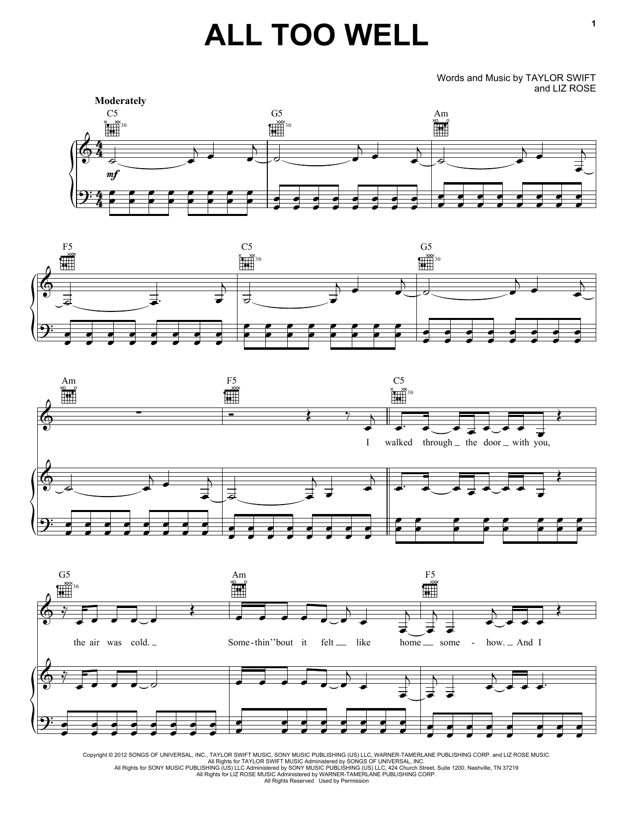 Taylor Swift All Too Well sheet music notes and chords. Download Printable PDF.