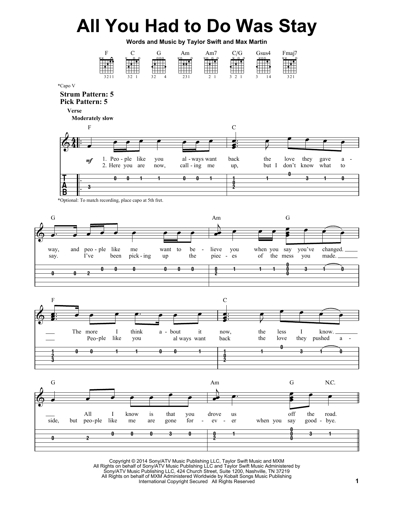 Taylor Swift All You Had To Do Was Stay sheet music notes and chords. Download Printable PDF.