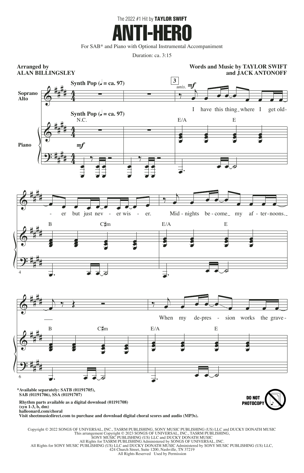 Taylor Swift Anti-Hero (arr. Alan Billingsley) sheet music notes and chords. Download Printable PDF.