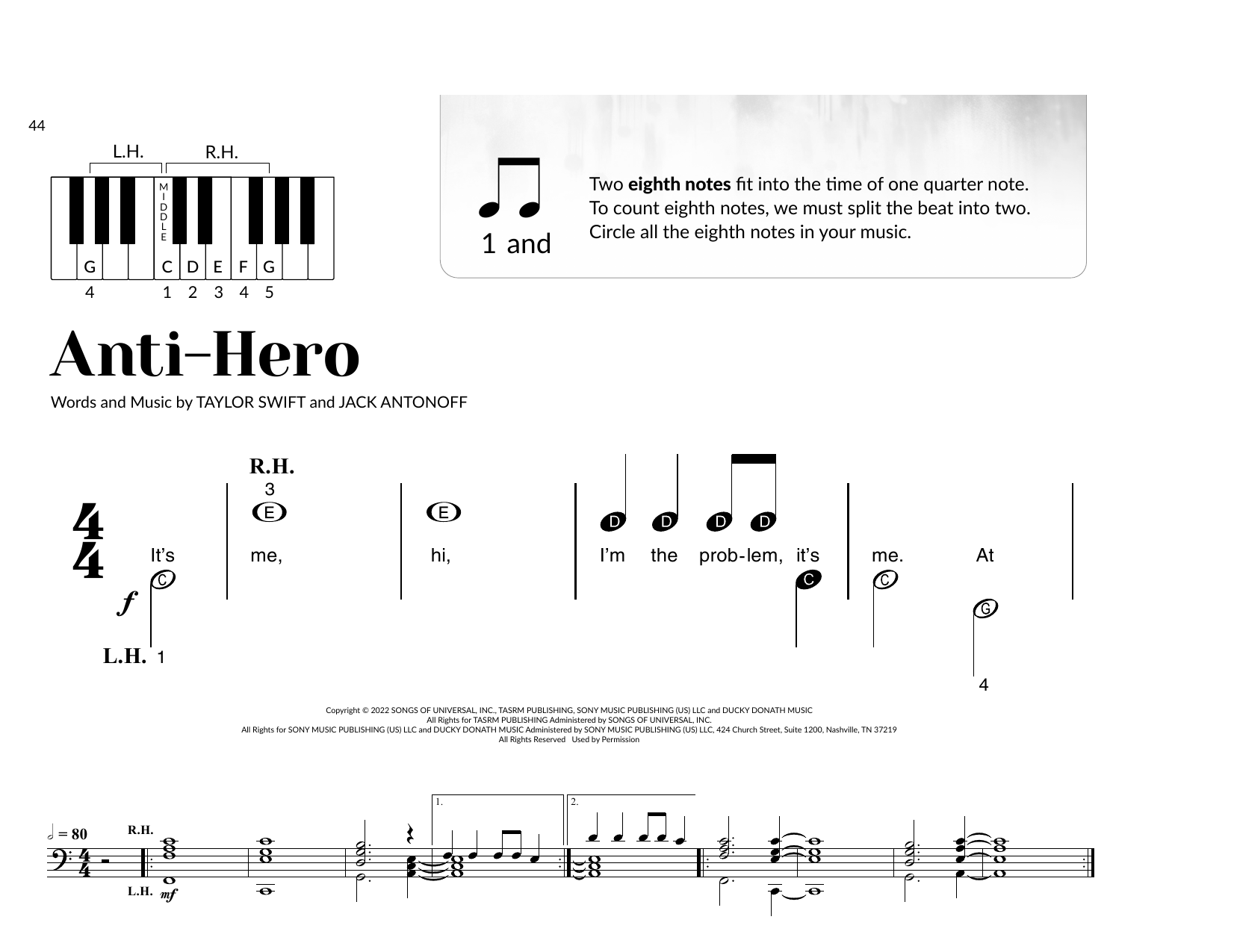 Taylor Swift Anti-Hero (arr. Brittany McCorriston) sheet music notes and chords arranged for Very Beginner Piano