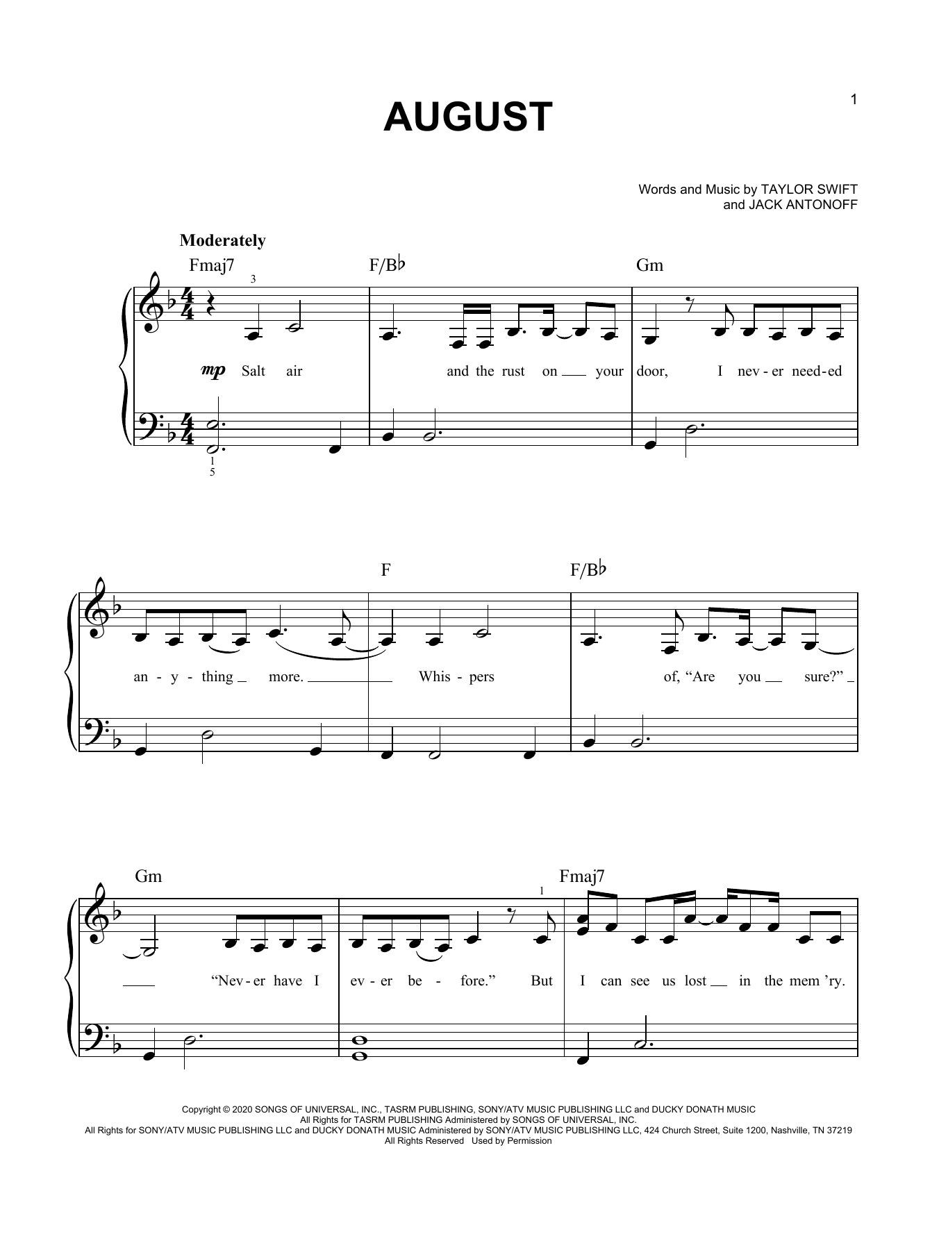 Taylor Swift august sheet music notes and chords. Download Printable PDF.