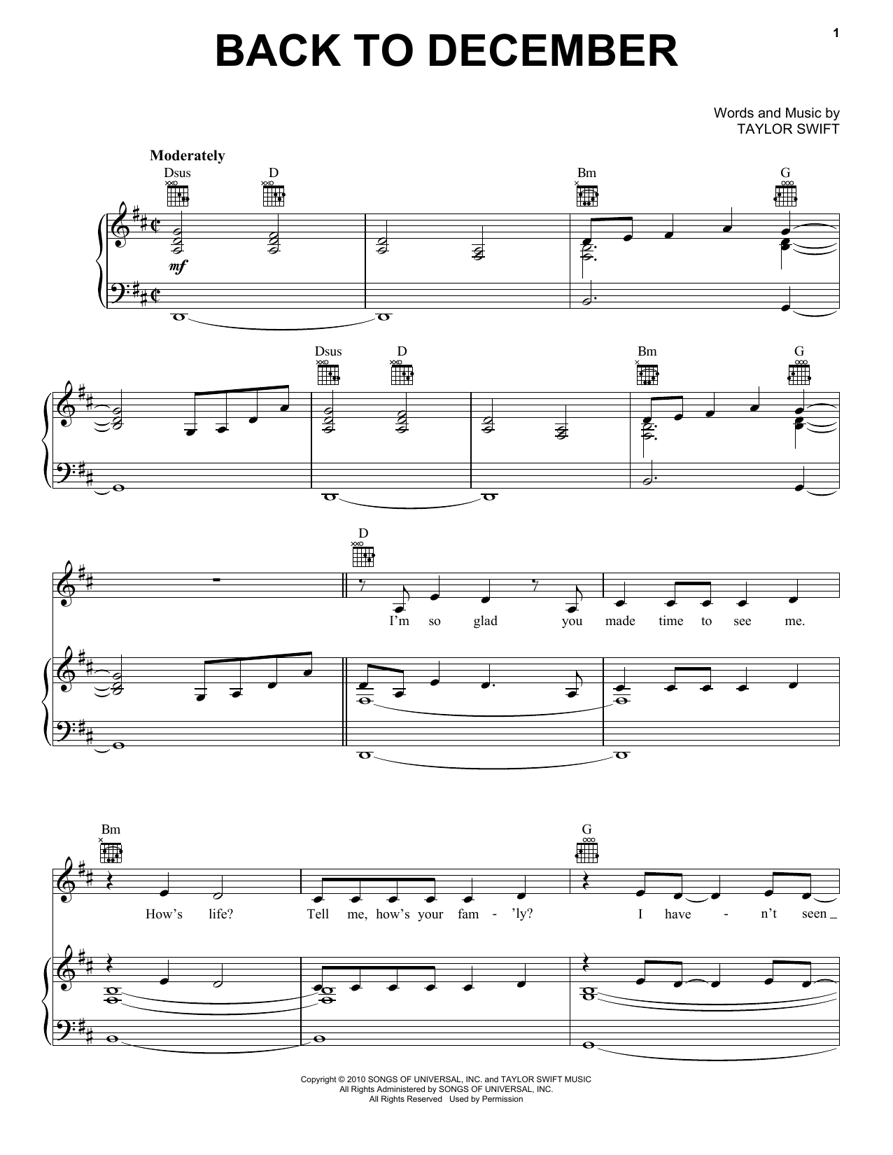 Taylor Swift Back To December sheet music notes and chords. Download Printable PDF.