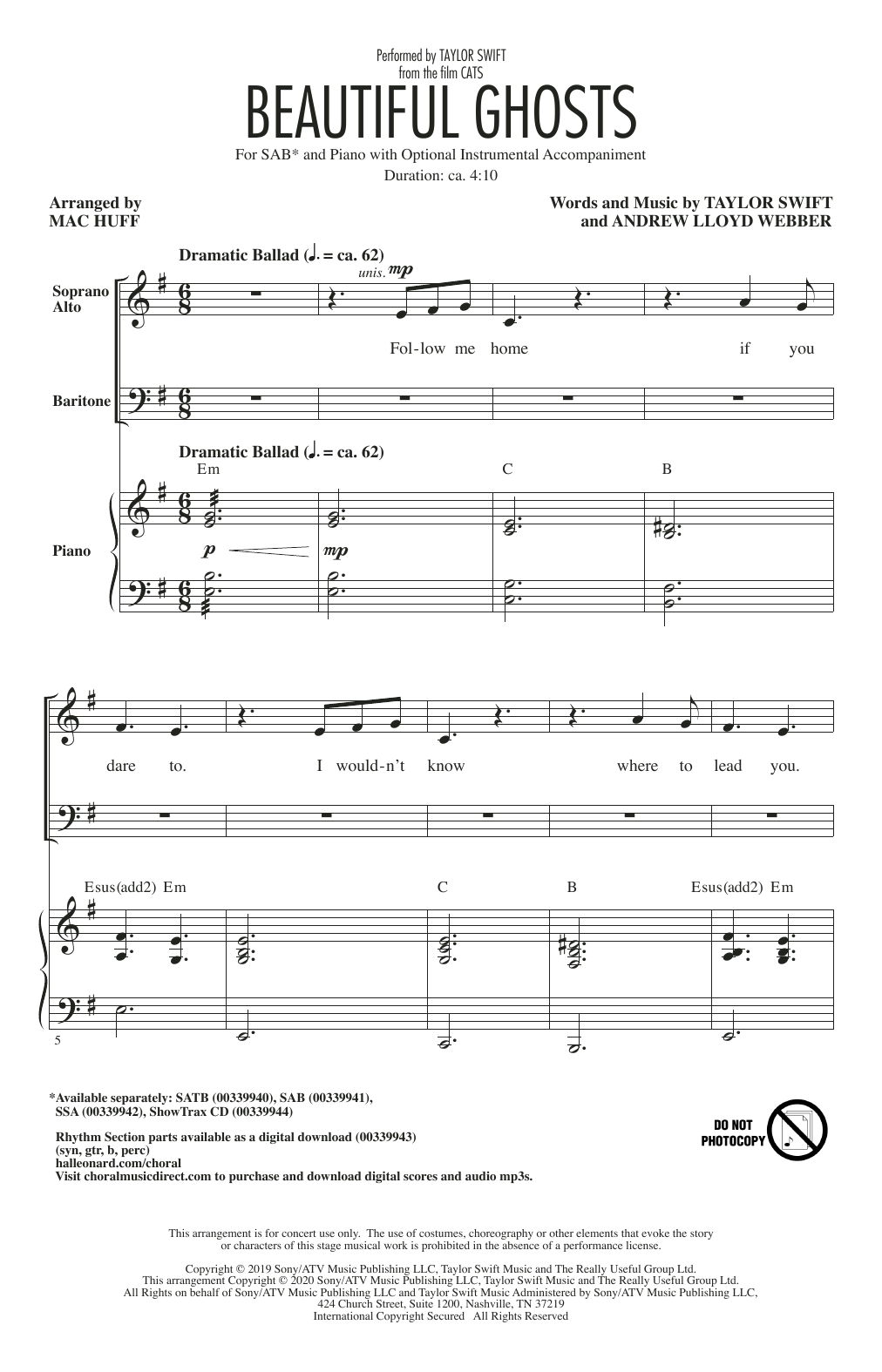 Taylor Swift Beautiful Ghosts (from the Motion Picture Cats) (arr. Mac Huff) sheet music notes and chords. Download Printable PDF.