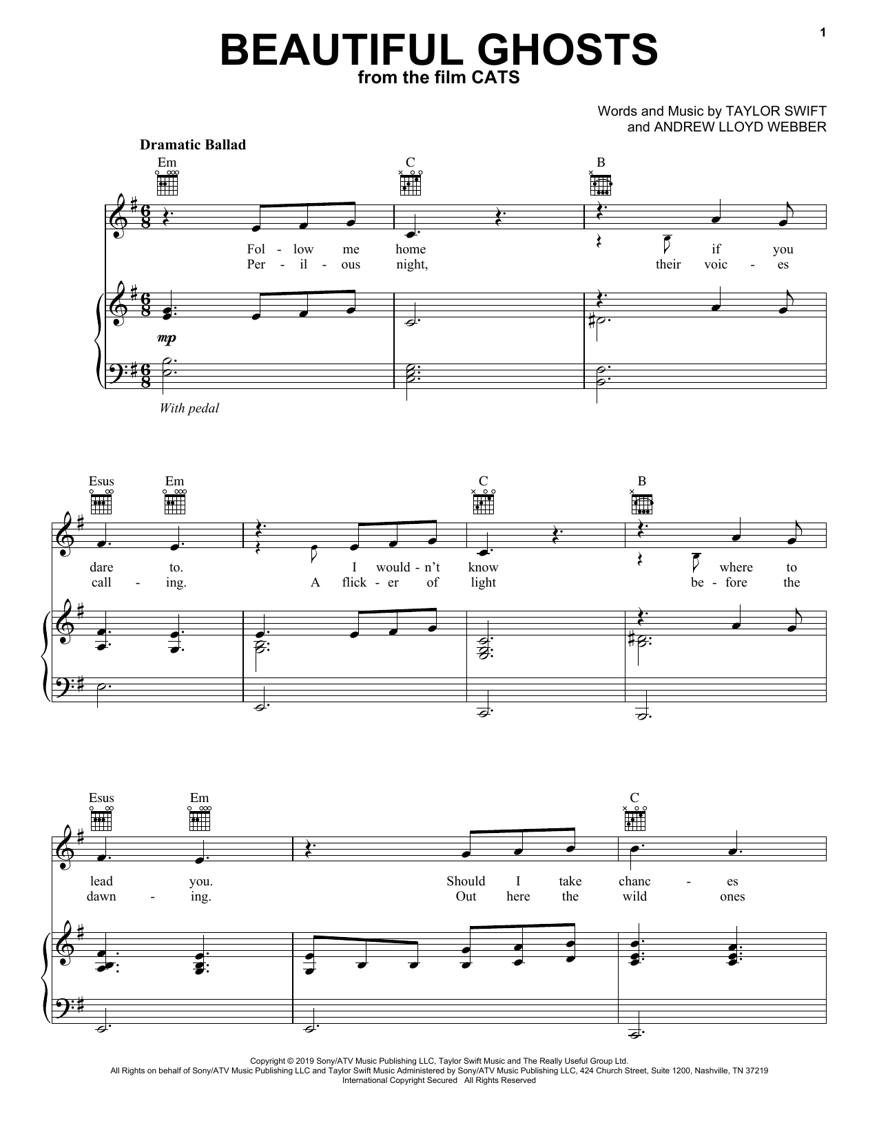 Taylor Swift Beautiful Ghosts (from the Motion Picture Cats) sheet music notes and chords. Download Printable PDF.