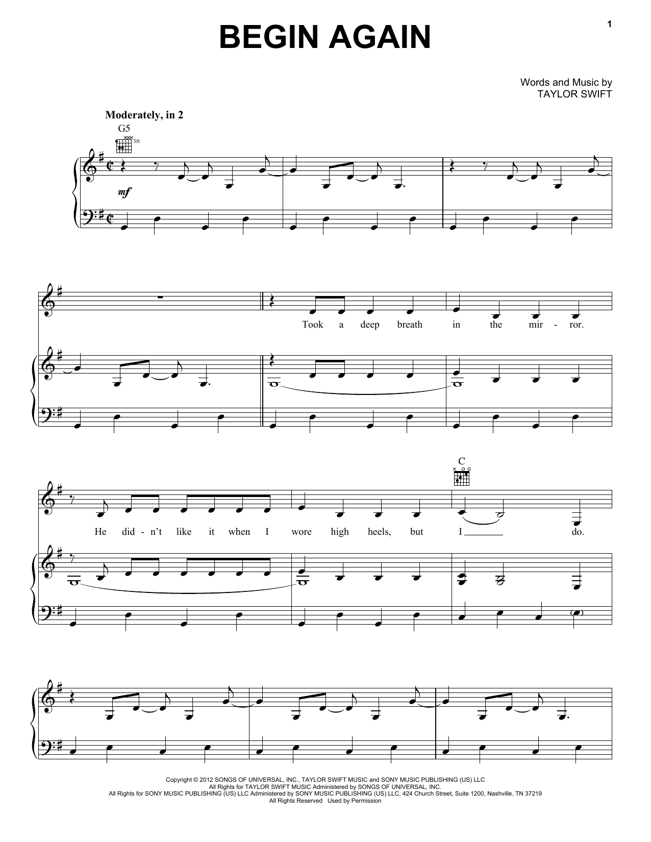 Taylor Swift Begin Again sheet music notes and chords. Download Printable PDF.