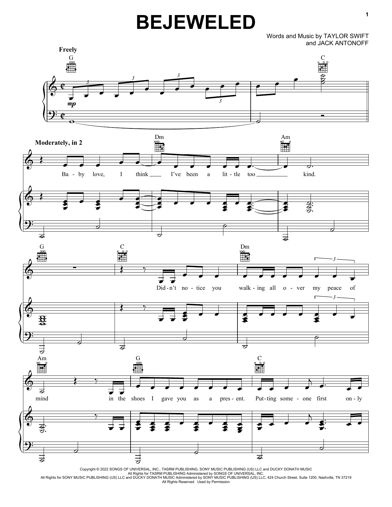 Taylor Swift Bejeweled sheet music notes and chords. Download Printable PDF.