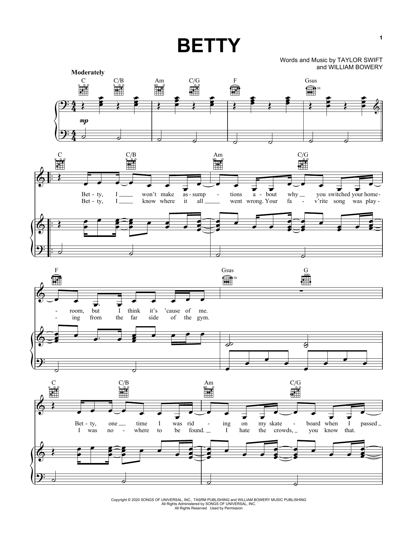 Taylor Swift betty sheet music notes and chords. Download Printable PDF.