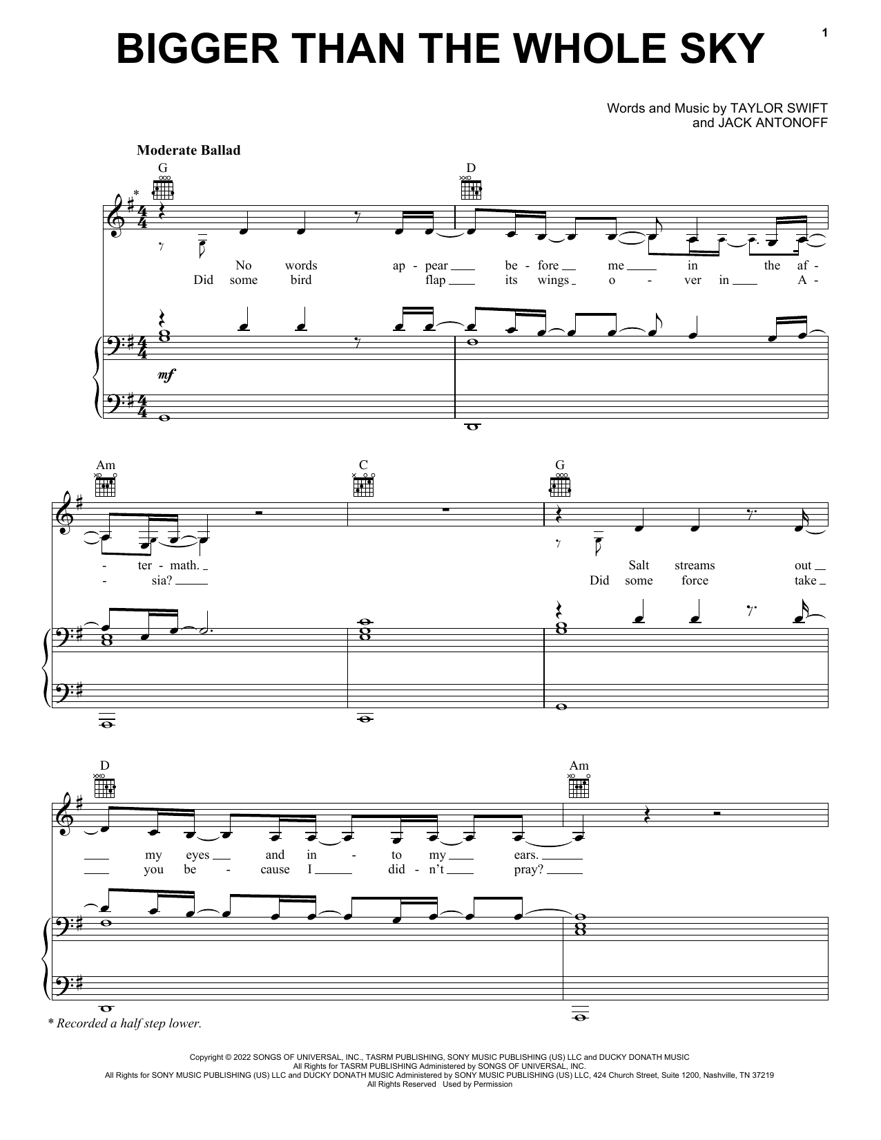 Taylor Swift Bigger Than The Whole Sky sheet music notes and chords. Download Printable PDF.