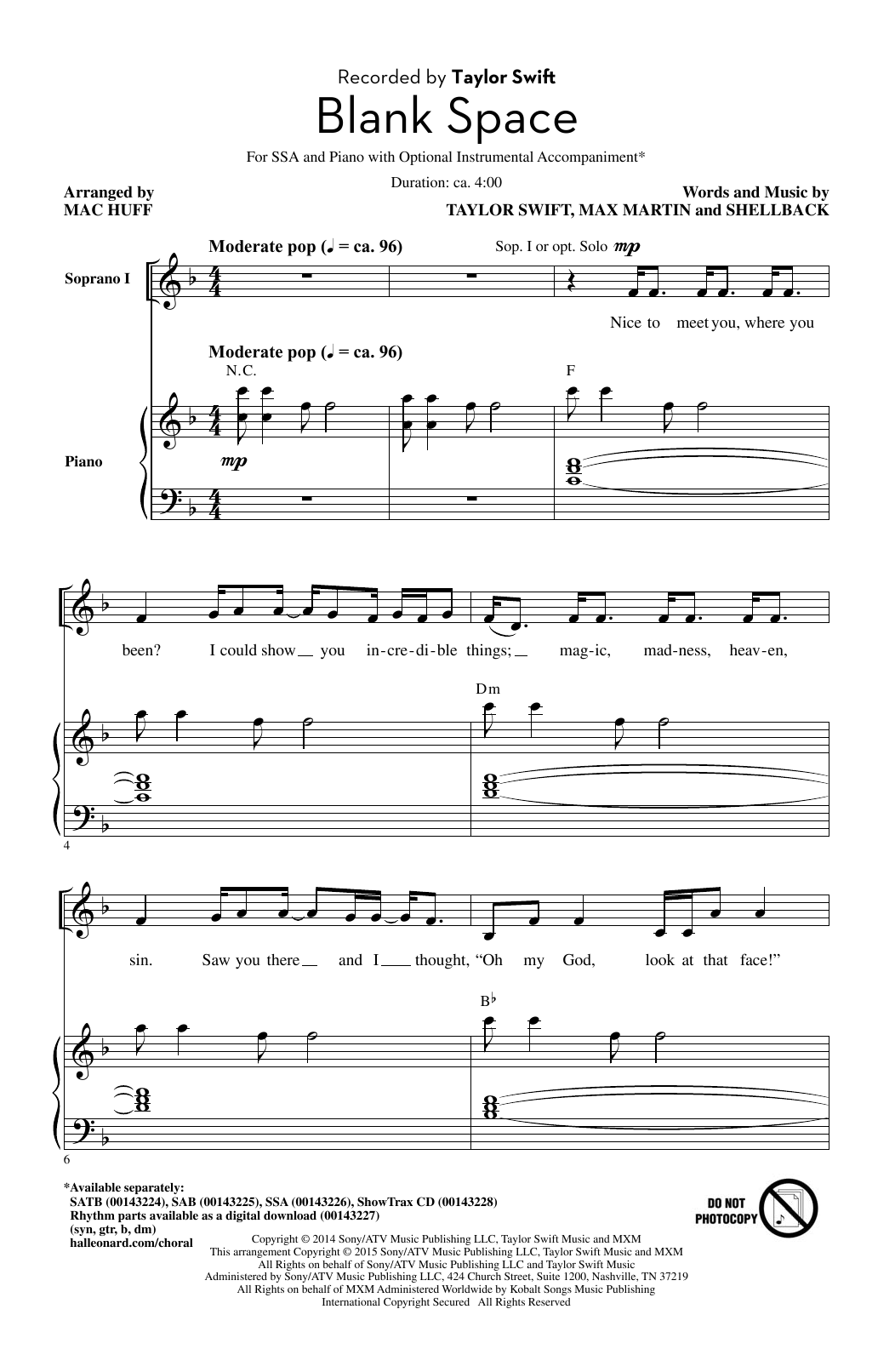 Taylor Swift Blank Space (arr. Mac Huff) sheet music notes and chords arranged for SSA Choir