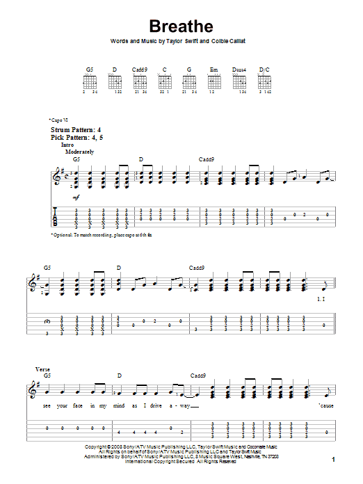 Taylor Swift Breathe sheet music notes and chords. Download Printable PDF.