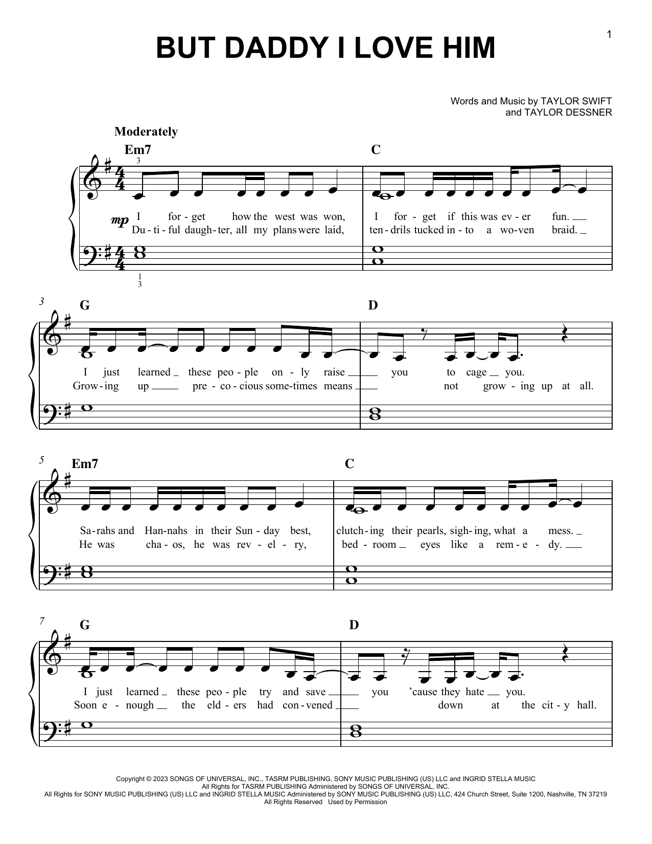 Taylor Swift But Daddy I Love Him sheet music notes and chords. Download Printable PDF.