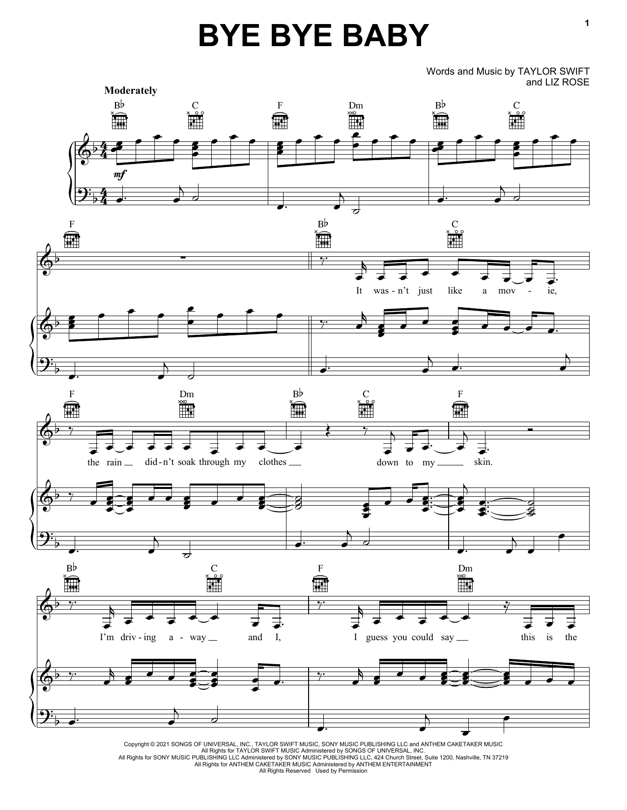 Taylor Swift Bye Bye Baby (Taylor's Version) (From The Vault) sheet music notes and chords arranged for Piano, Vocal & Guitar Chords (Right-Hand Melody)