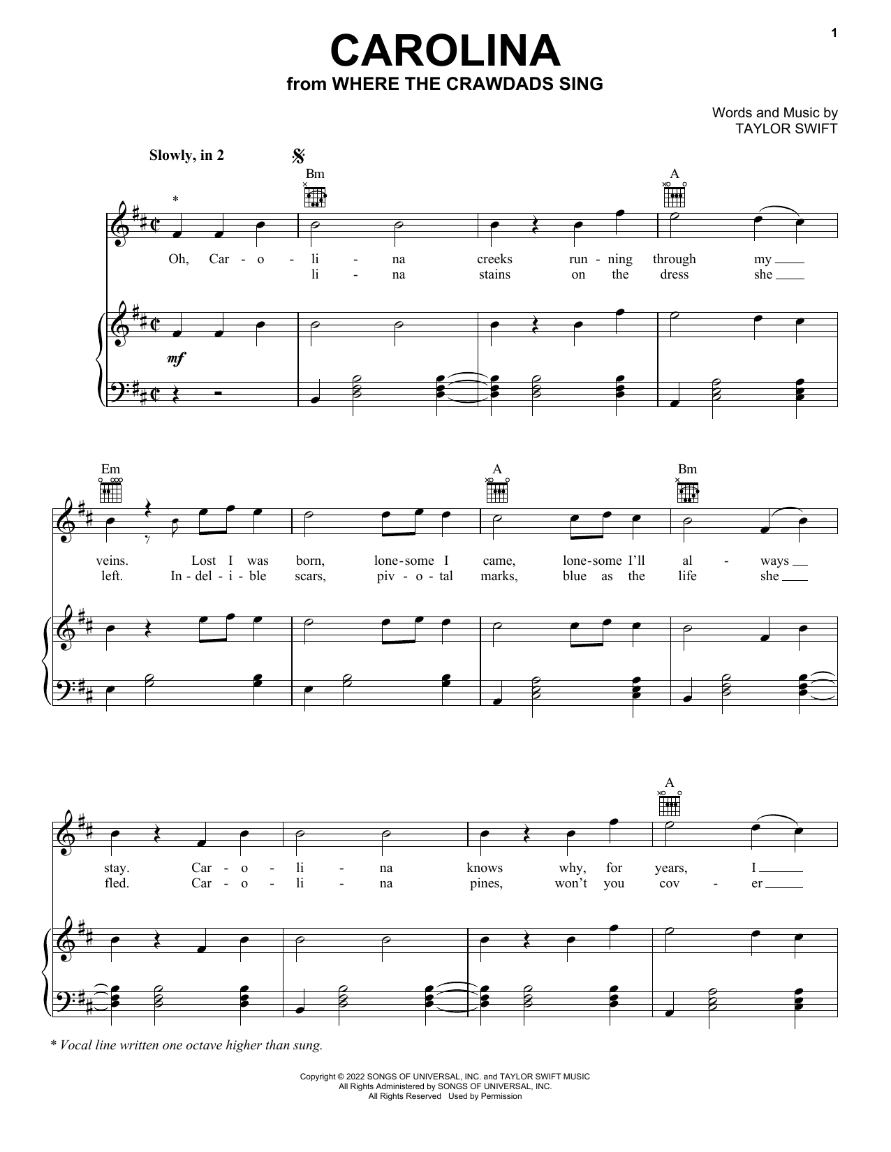 Taylor Swift Carolina sheet music notes and chords arranged for Piano, Vocal & Guitar Chords (Right-Hand Melody)