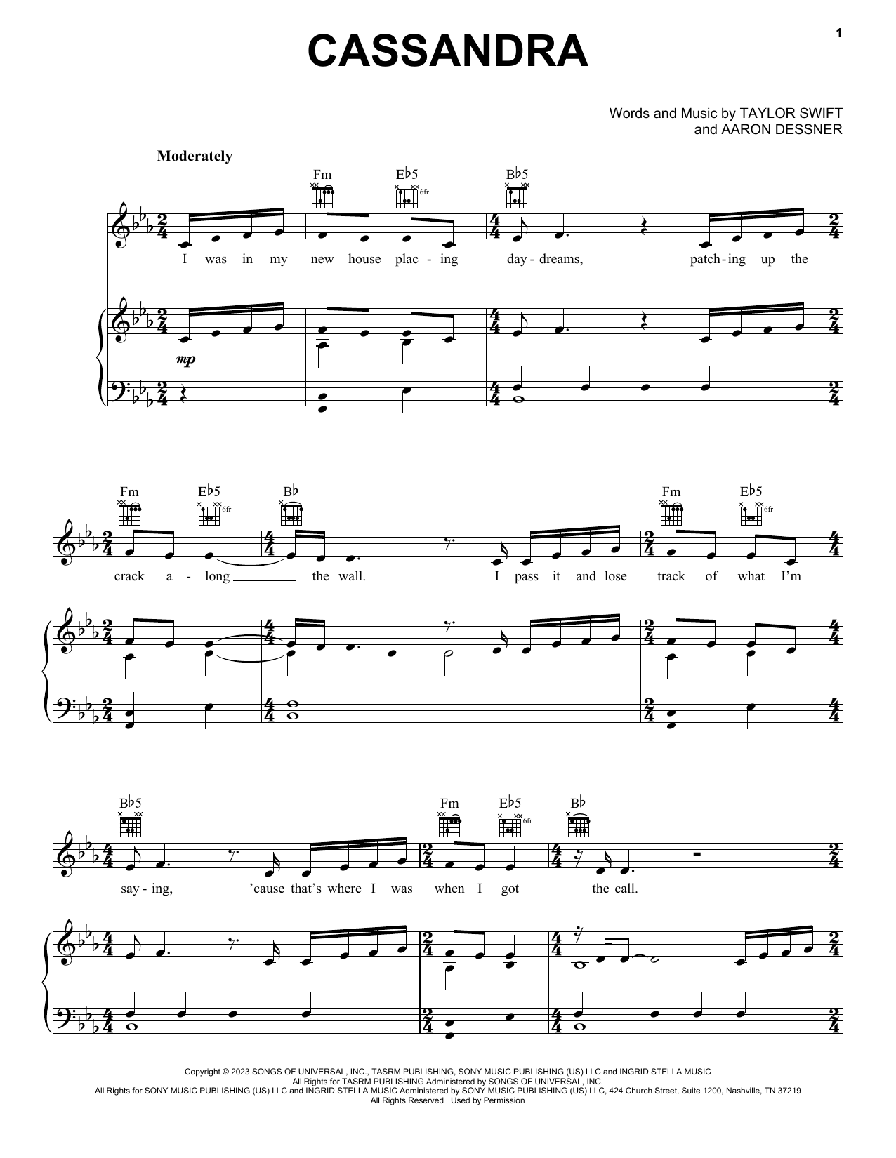 Taylor Swift Cassandra sheet music notes and chords. Download Printable PDF.