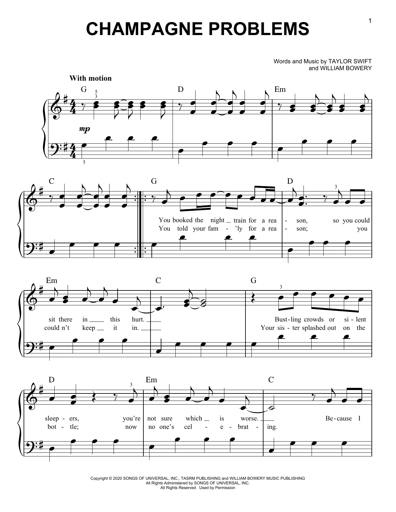 Taylor Swift champagne problems sheet music notes and chords. Download Printable PDF.