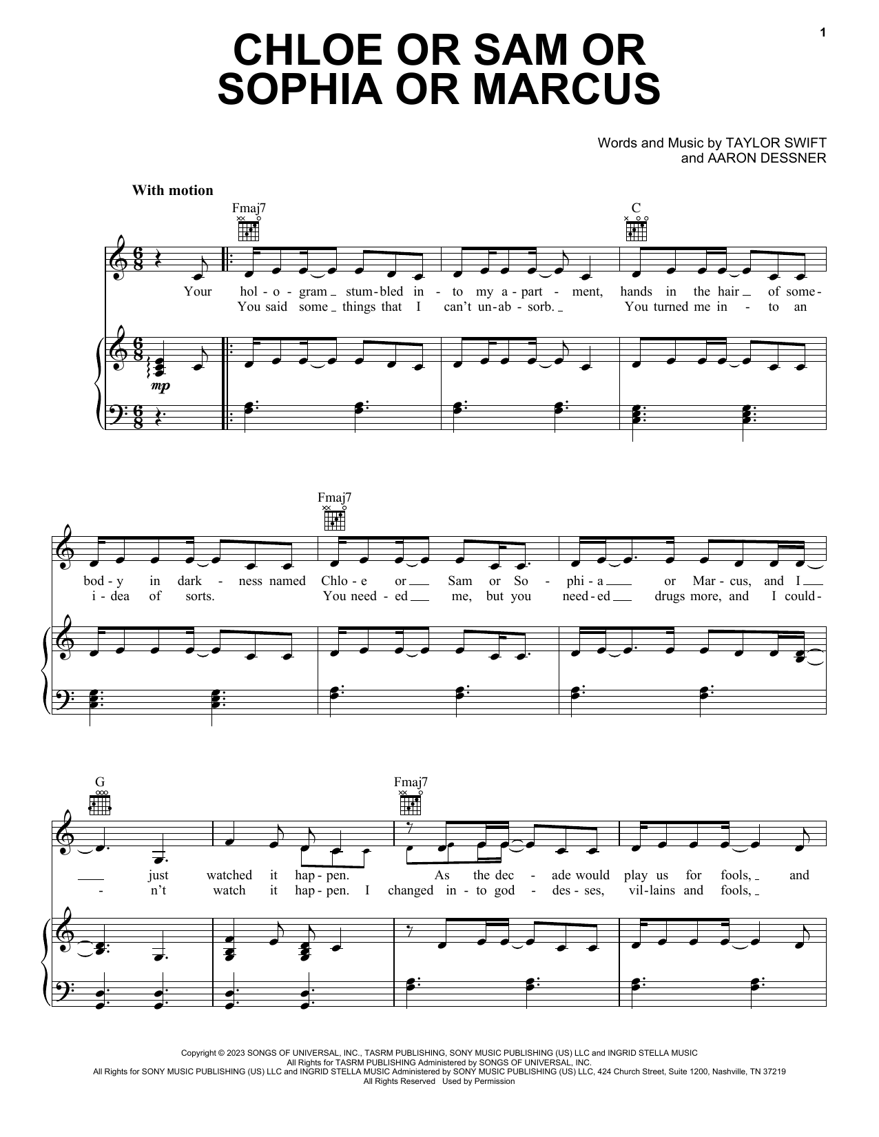 Taylor Swift Chloe or Sam or Sophia or Marcus sheet music notes and chords. Download Printable PDF.