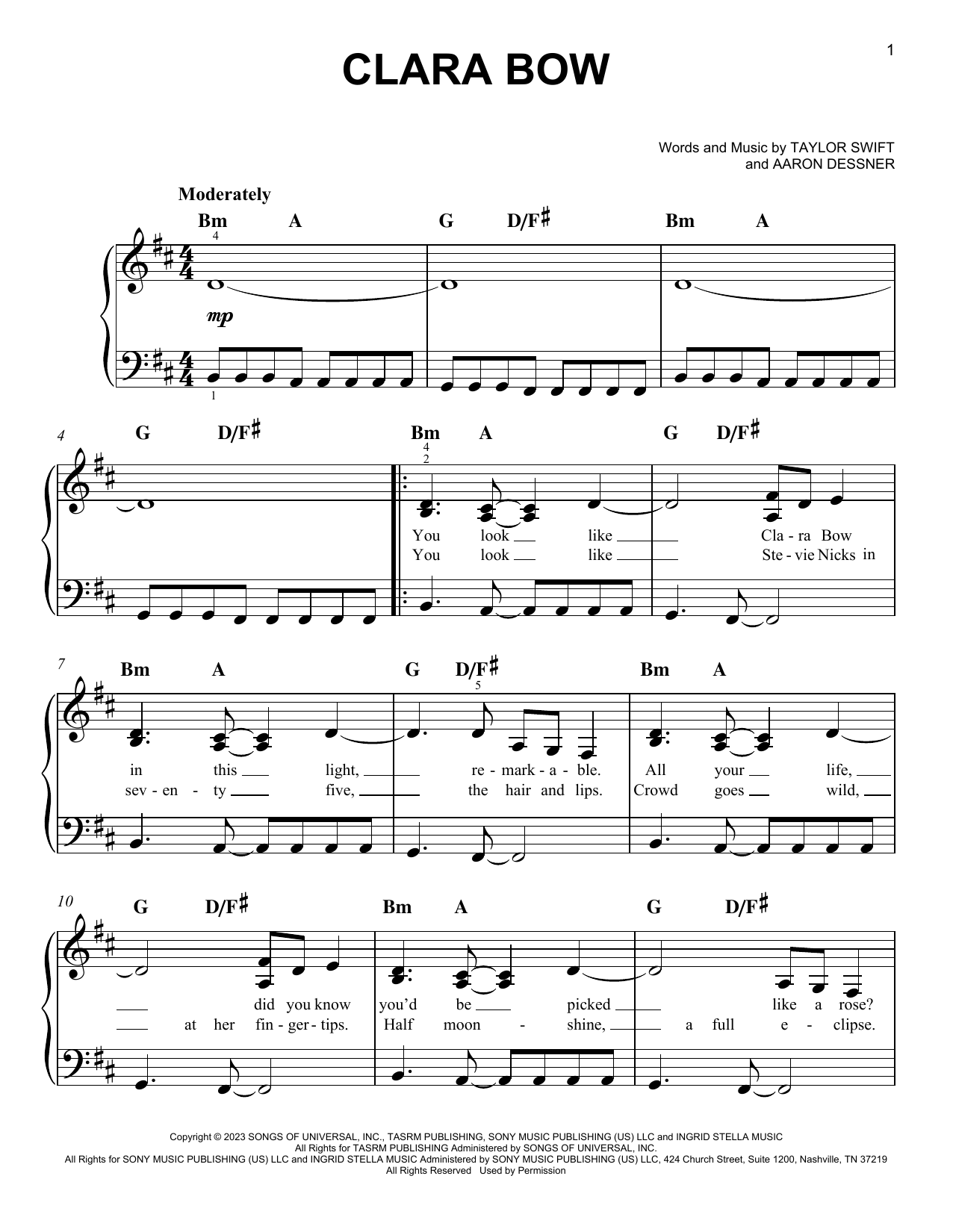 Taylor Swift Clara Bow sheet music notes and chords. Download Printable PDF.