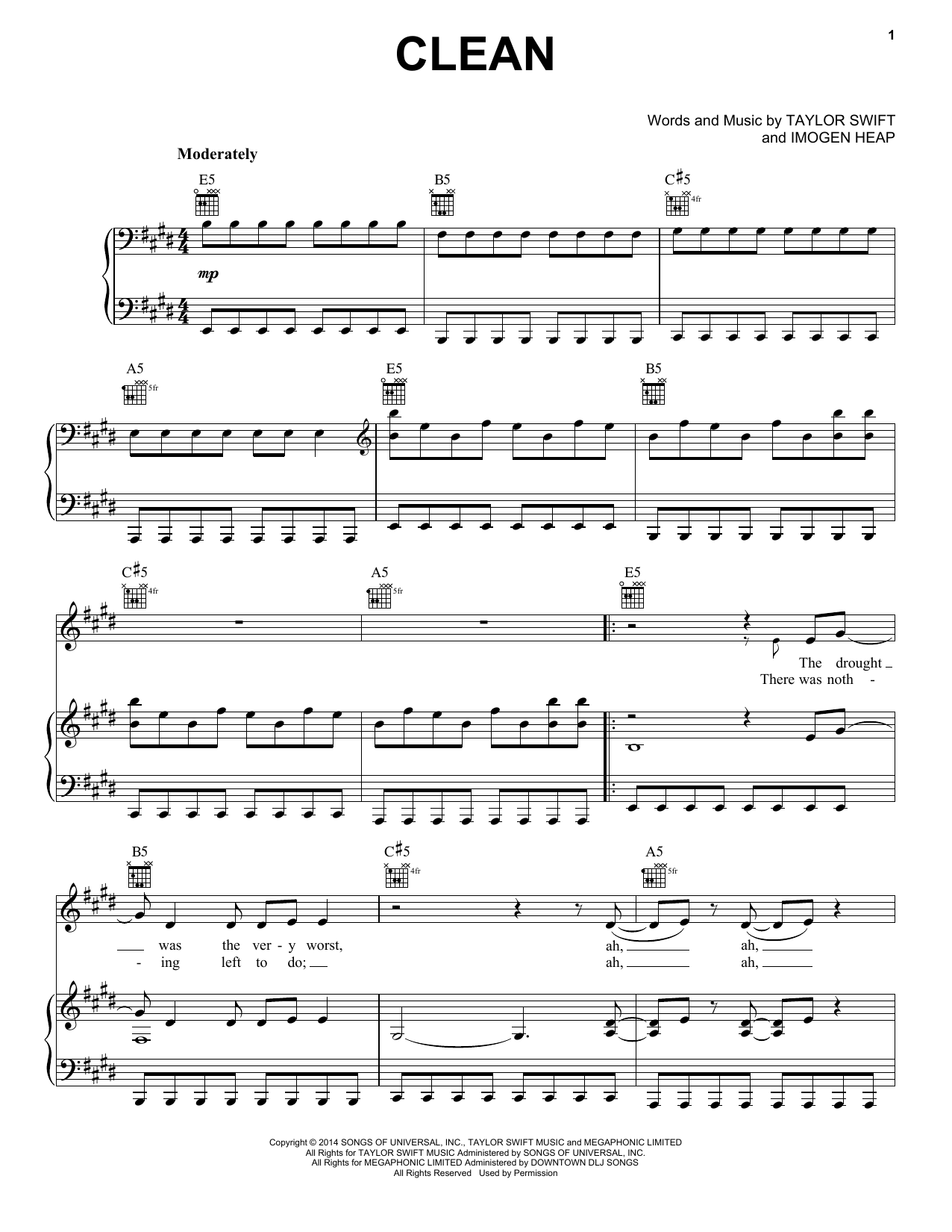 Taylor Swift Clean sheet music notes and chords. Download Printable PDF.