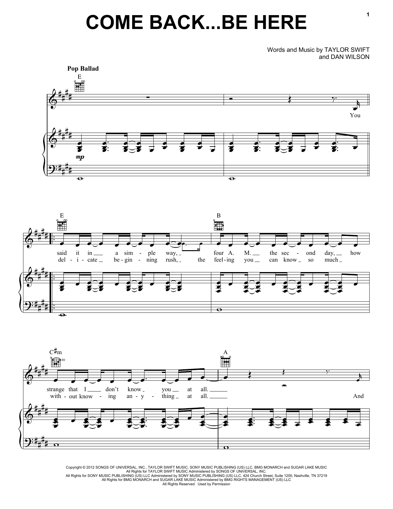 Taylor Swift Come Back...Be Here (Taylor's Version) sheet music notes and chords. Download Printable PDF.