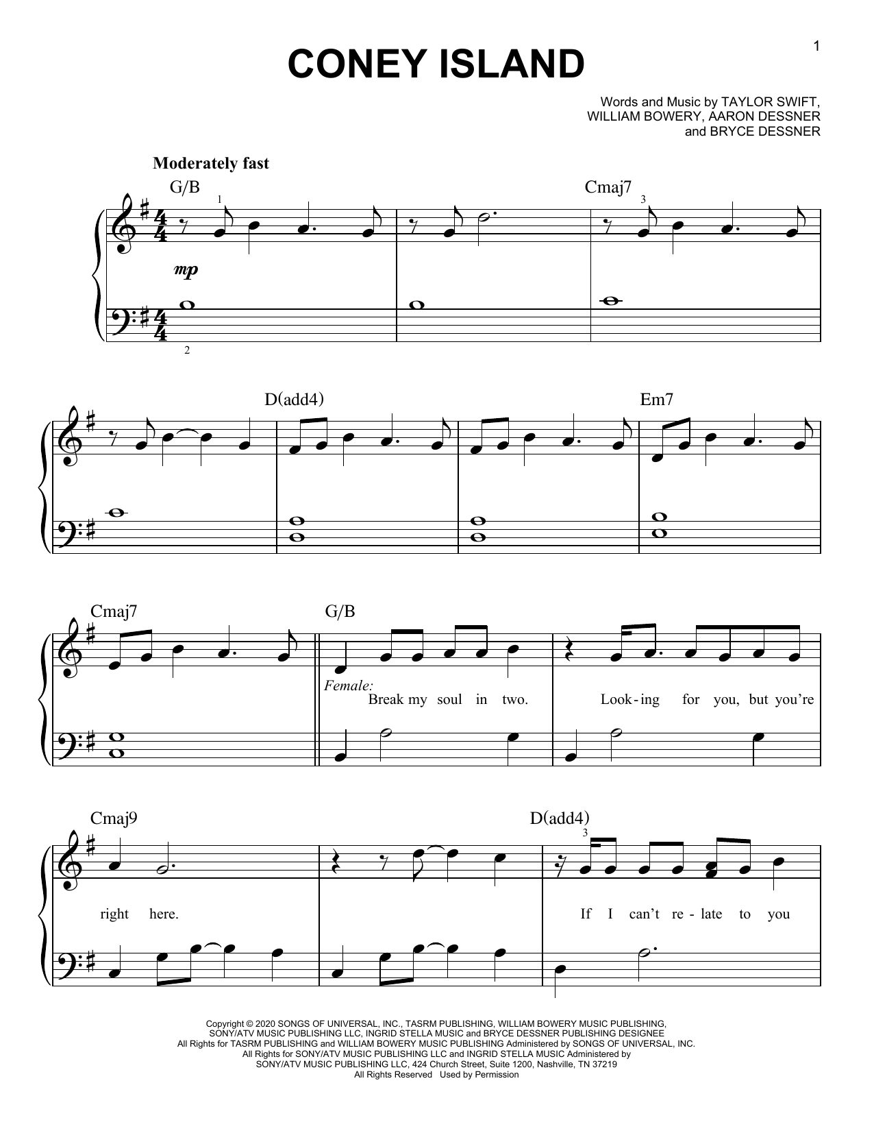 Taylor Swift coney island (feat. The National) sheet music notes and chords. Download Printable PDF.