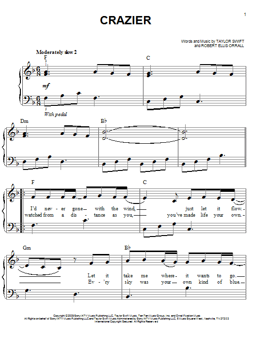 Taylor Swift Crazier sheet music notes and chords. Download Printable PDF.