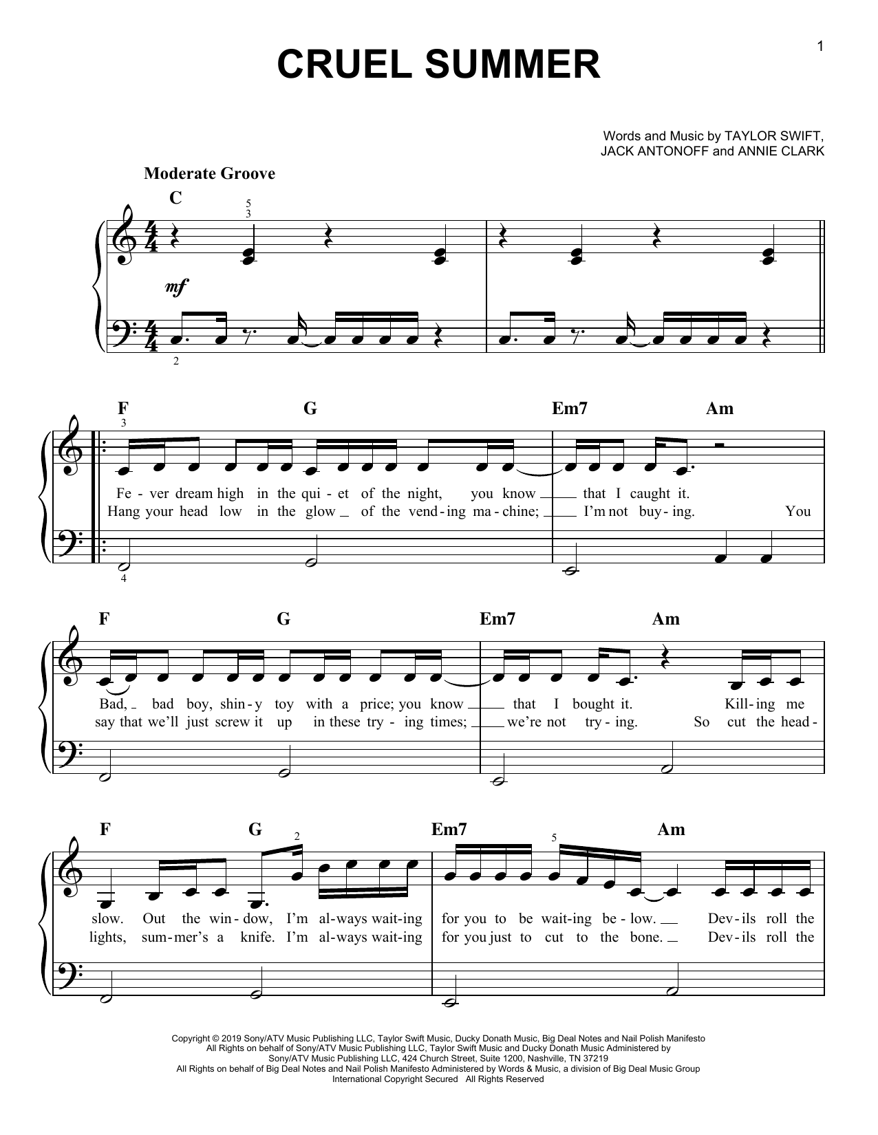 Taylor Swift Cruel Summer sheet music notes and chords. Download Printable PDF.