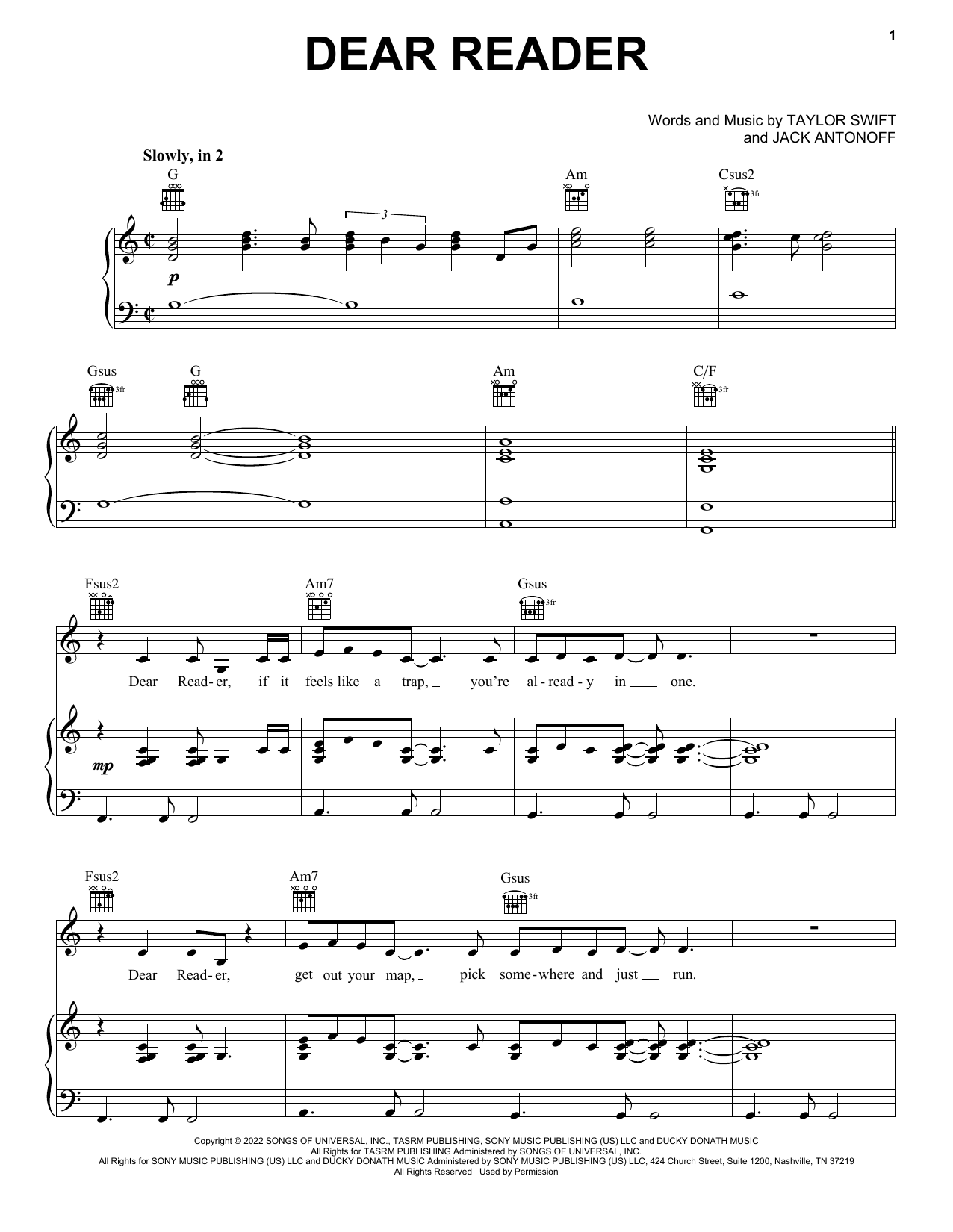 Taylor Swift Dear Reader sheet music notes and chords. Download Printable PDF.