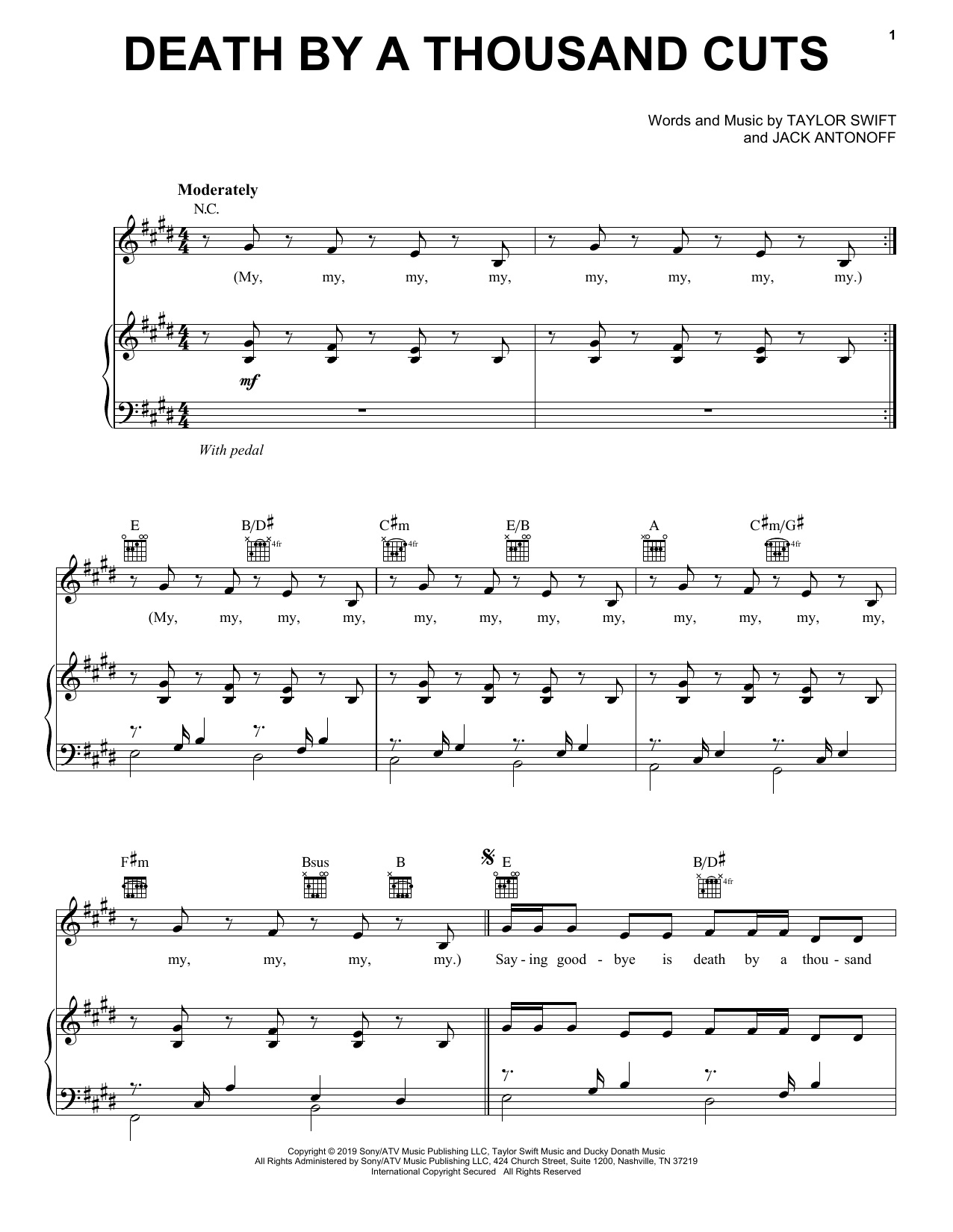 Taylor Swift Death By A Thousand Cuts sheet music notes and chords. Download Printable PDF.