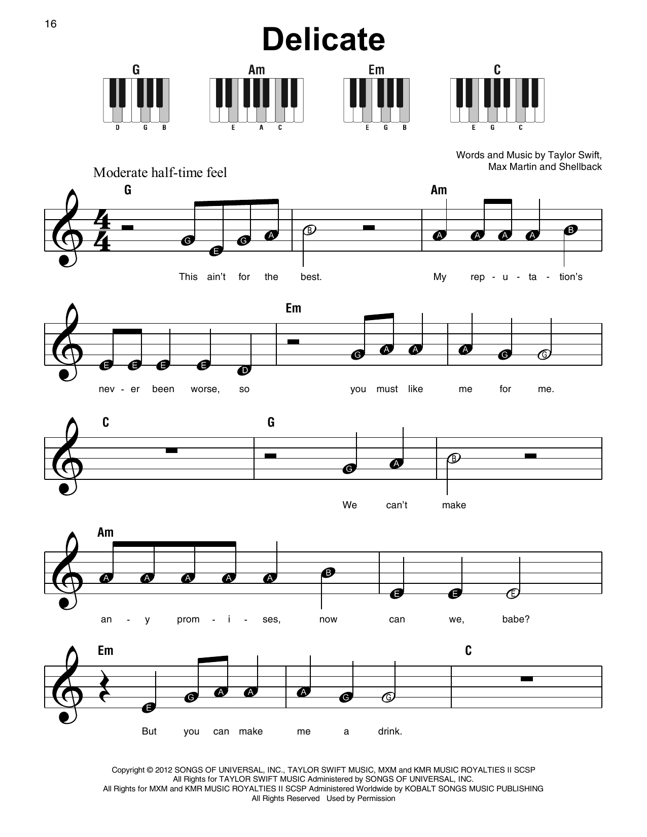 Taylor Swift Delicate sheet music notes and chords. Download Printable PDF.