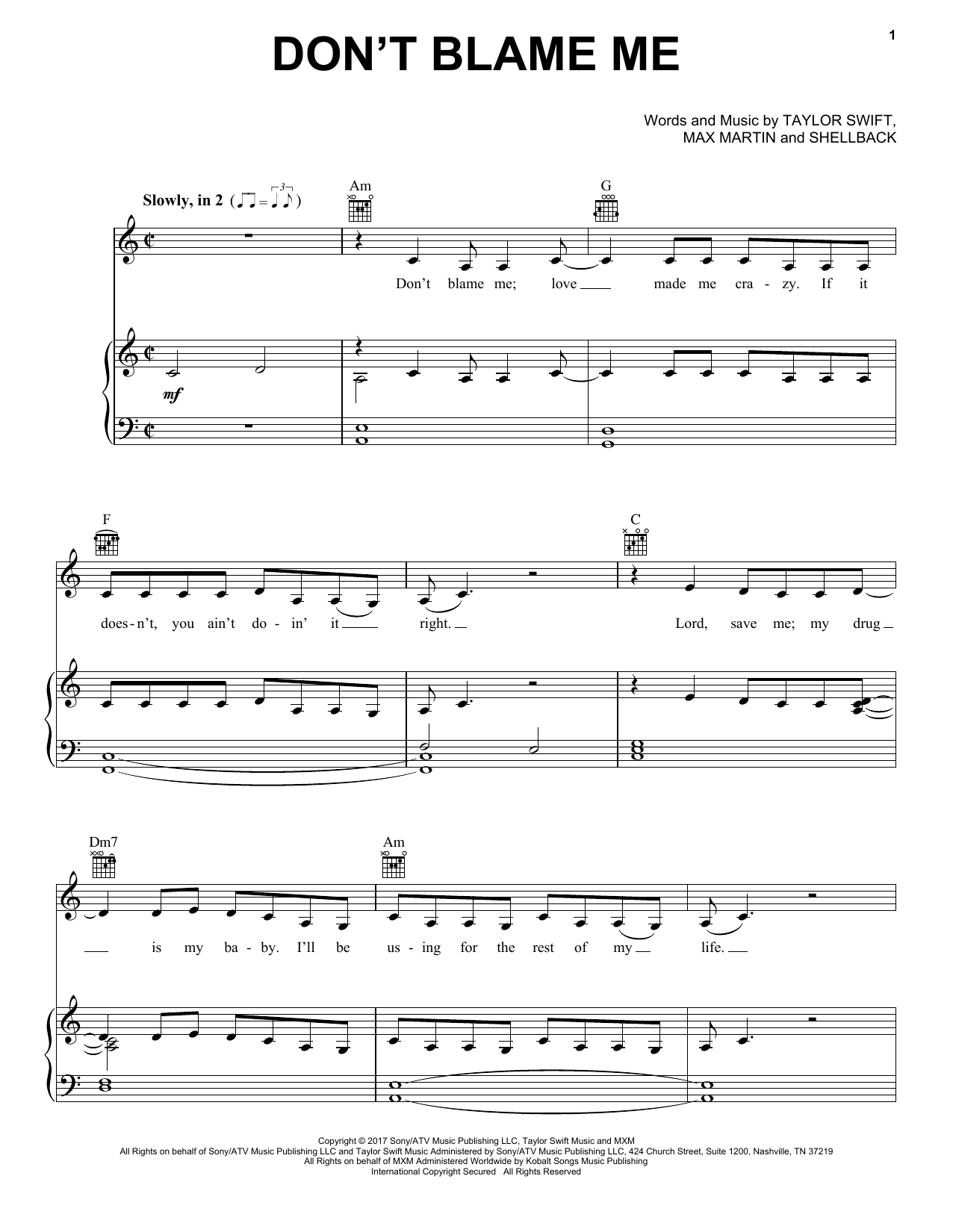 Taylor Swift Don't Blame Me sheet music notes and chords. Download Printable PDF.