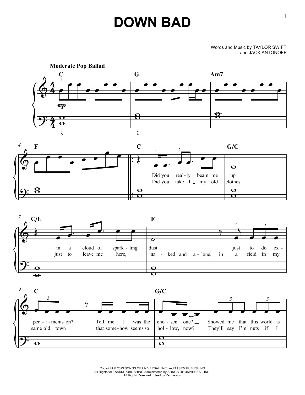 Taylor Swift Down Bad sheet music notes and chords. Download Printable PDF.