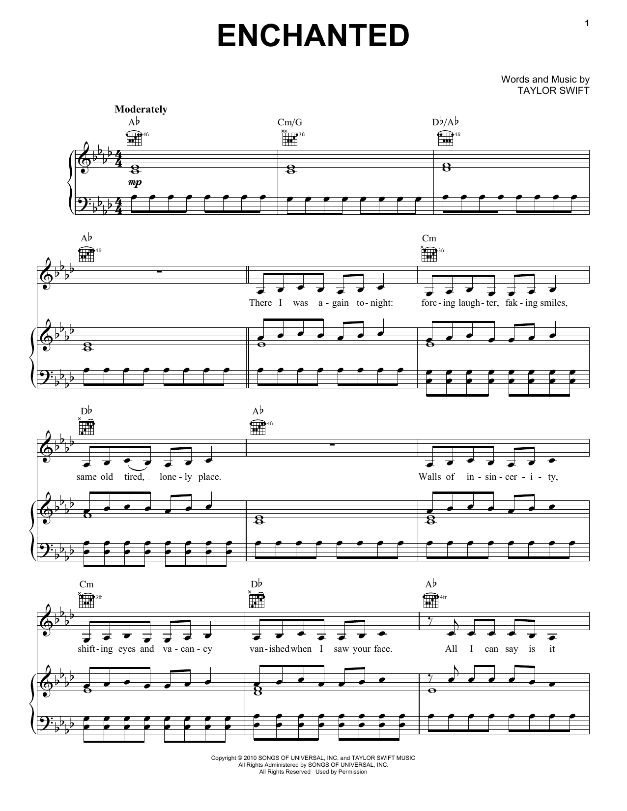 Taylor Swift Enchanted sheet music notes and chords. Download Printable PDF.