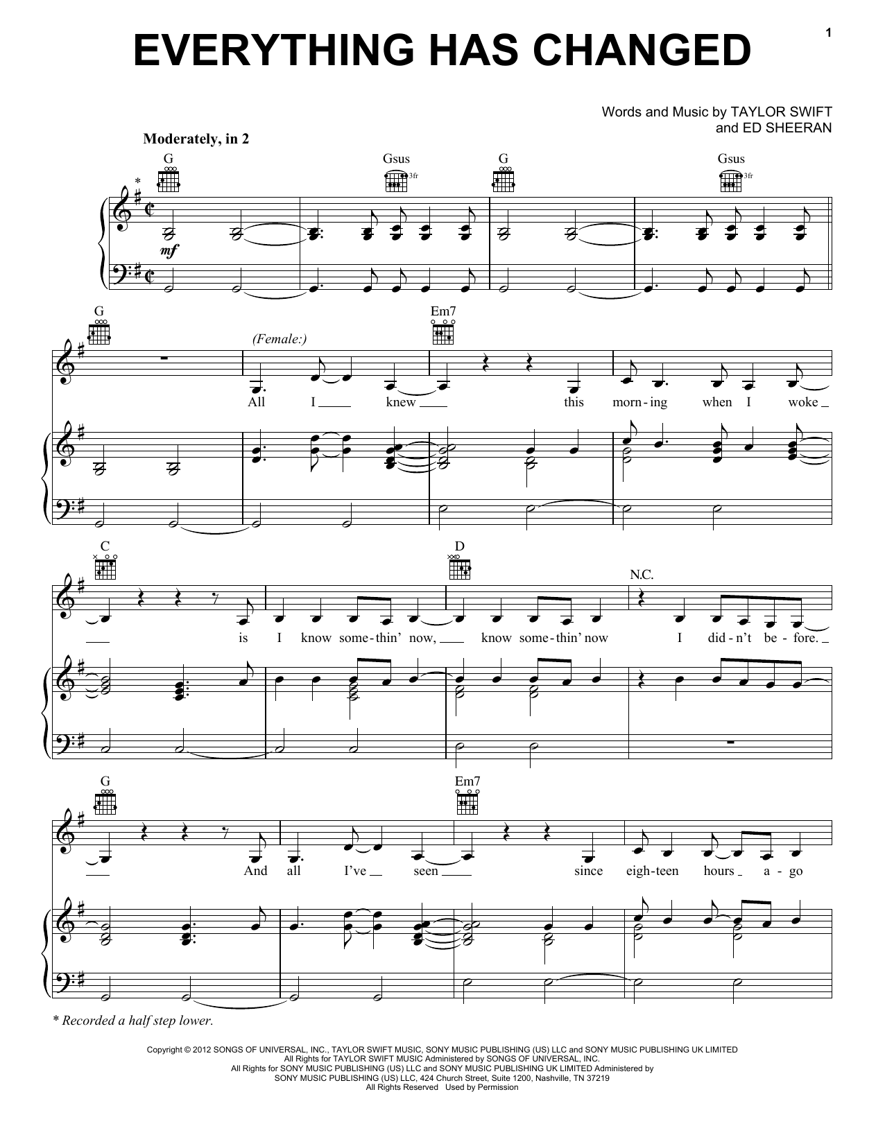 Taylor Swift Everything Has Changed (feat. Ed Sheeran) sheet music notes and chords. Download Printable PDF.