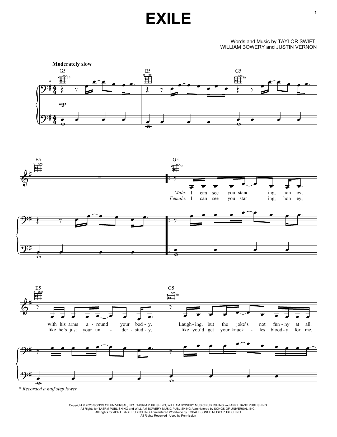 Taylor Swift exile (feat. Bon Iver) sheet music notes and chords. Download Printable PDF.