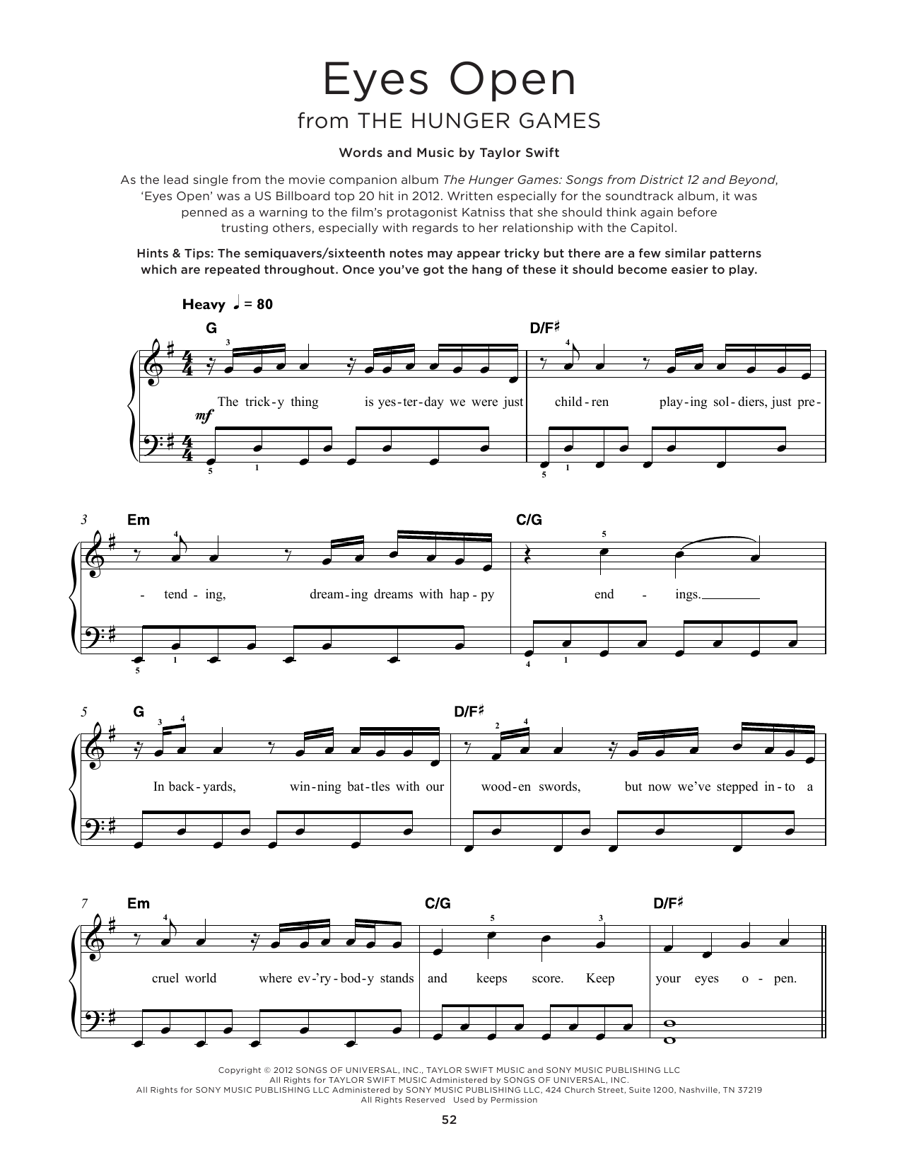 Taylor Swift Eyes Open (from The Hunger Games) sheet music notes and chords arranged for Really Easy Piano