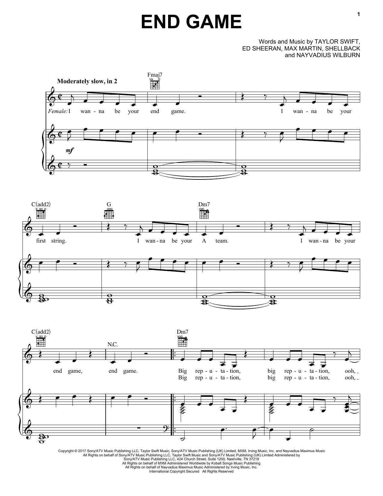 Taylor Swift feat. Ed Sheeran and Future End Game sheet music notes and chords. Download Printable PDF.