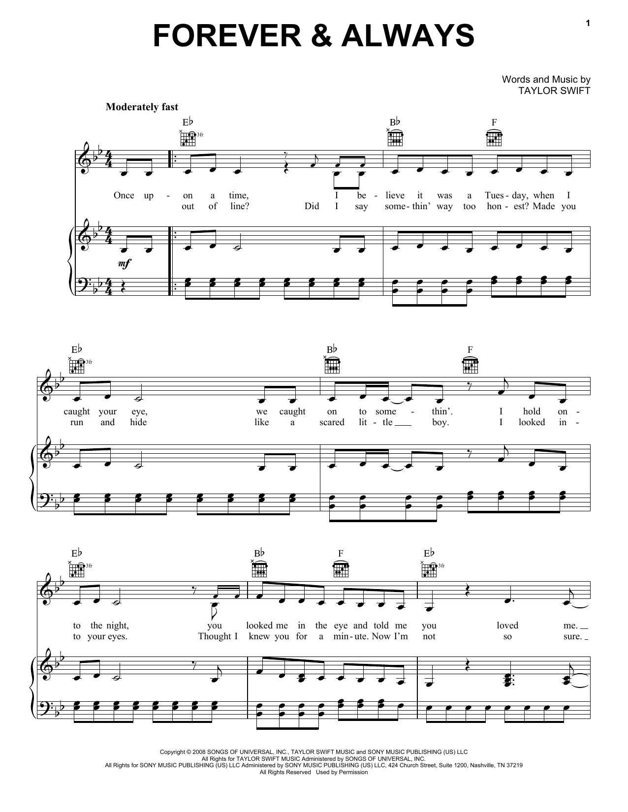 Taylor Swift Forever & Always sheet music notes and chords. Download Printable PDF.