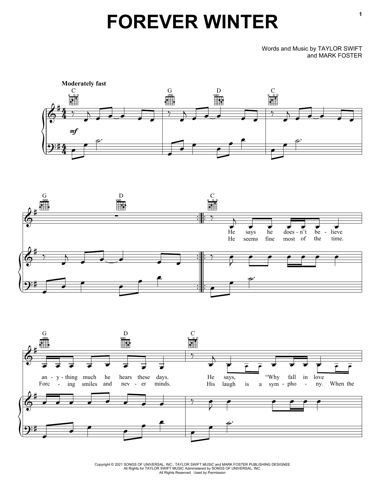 Taylor Swift Forever Winter (Taylor's Version) (From The Vault) sheet music notes and chords. Download Printable PDF.