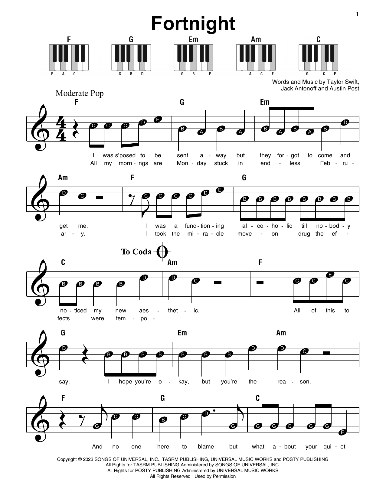 Taylor Swift Fortnight (feat. Post Malone) sheet music notes and chords. Download Printable PDF.