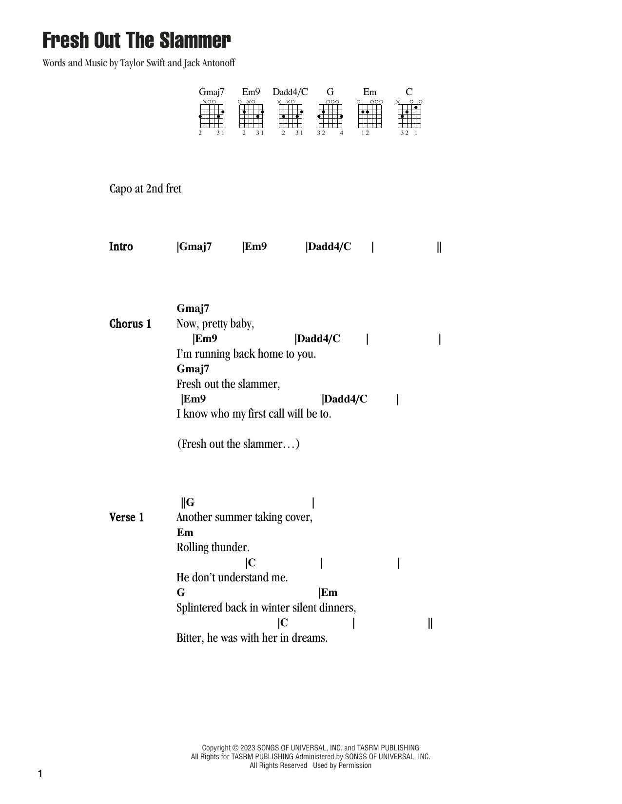 Taylor Swift Fresh Out The Slammer sheet music notes and chords. Download Printable PDF.