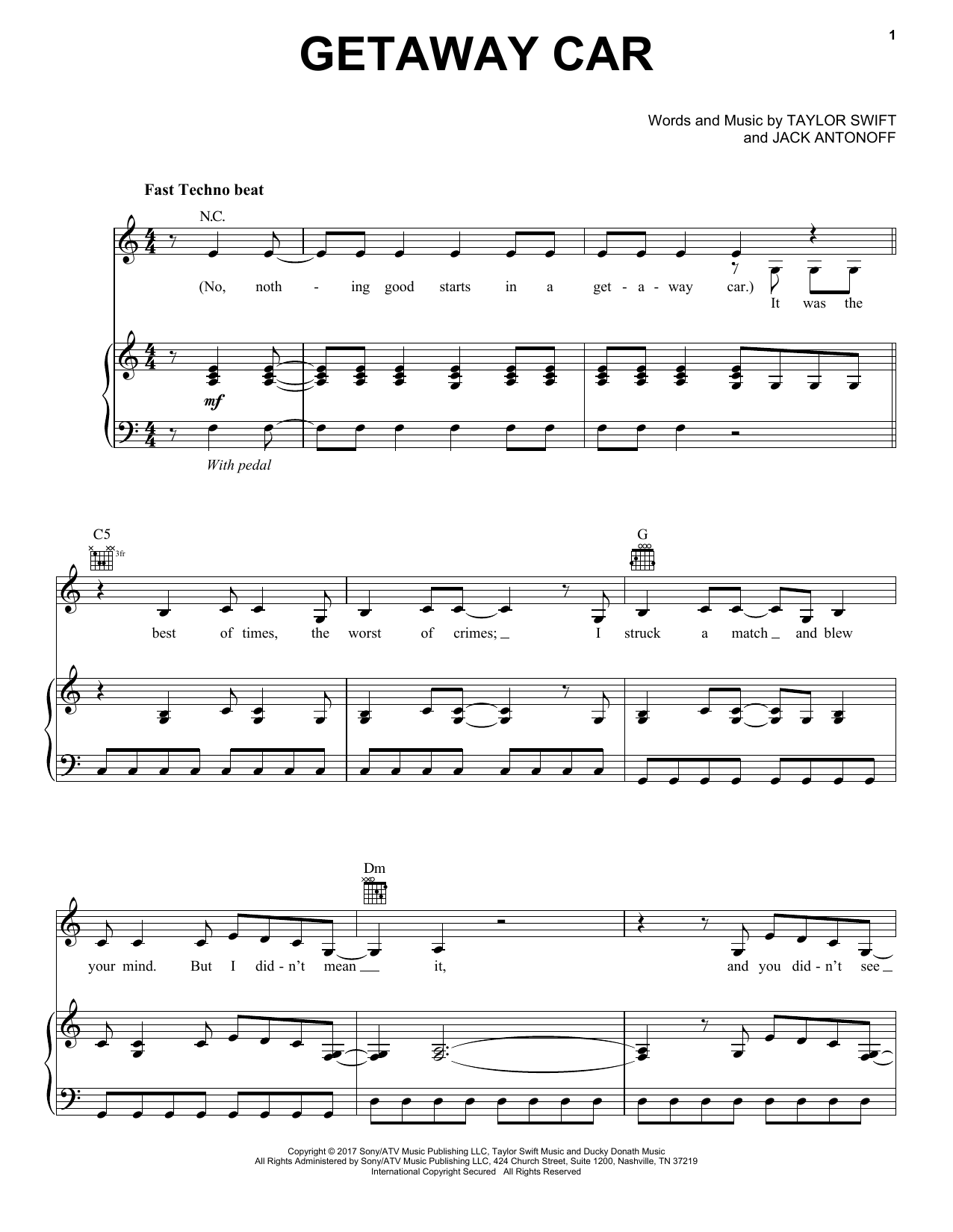 Taylor Swift Getaway Car sheet music notes and chords. Download Printable PDF.