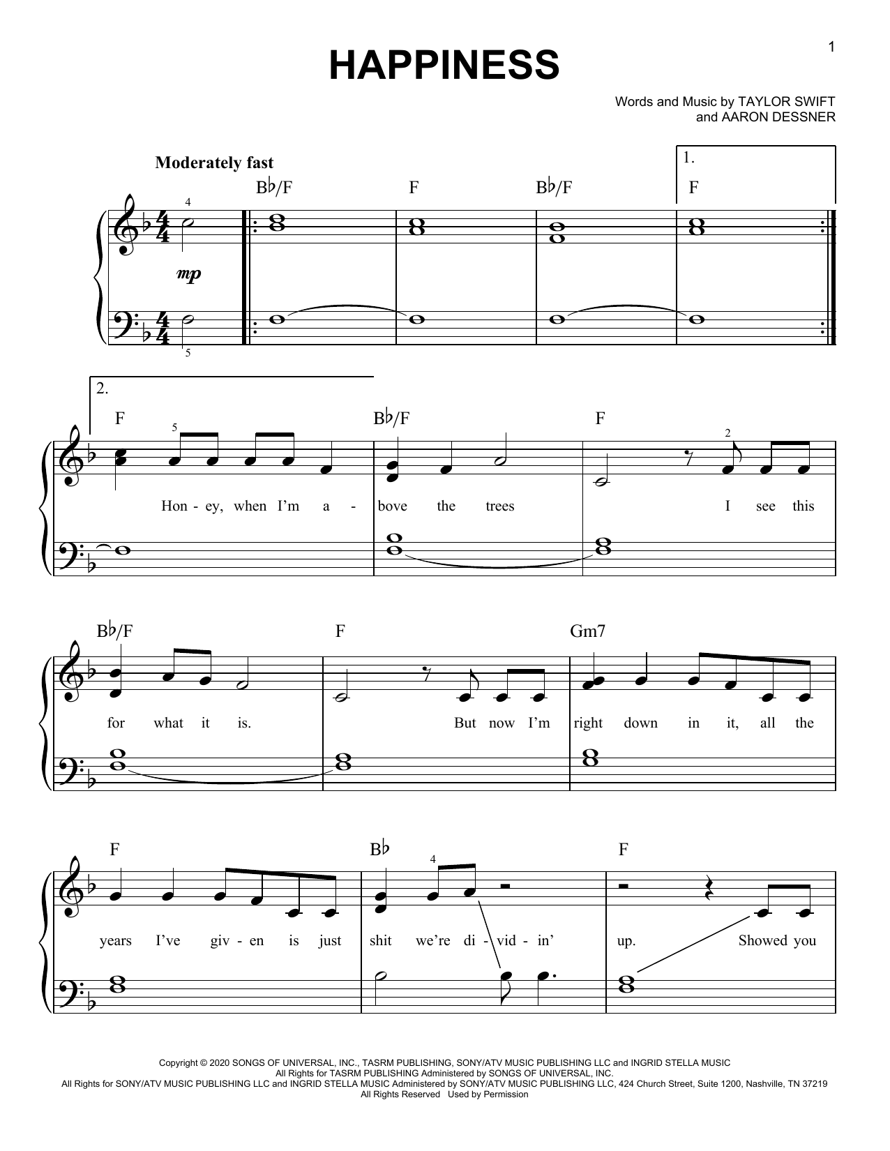 Taylor Swift happiness sheet music notes and chords. Download Printable PDF.