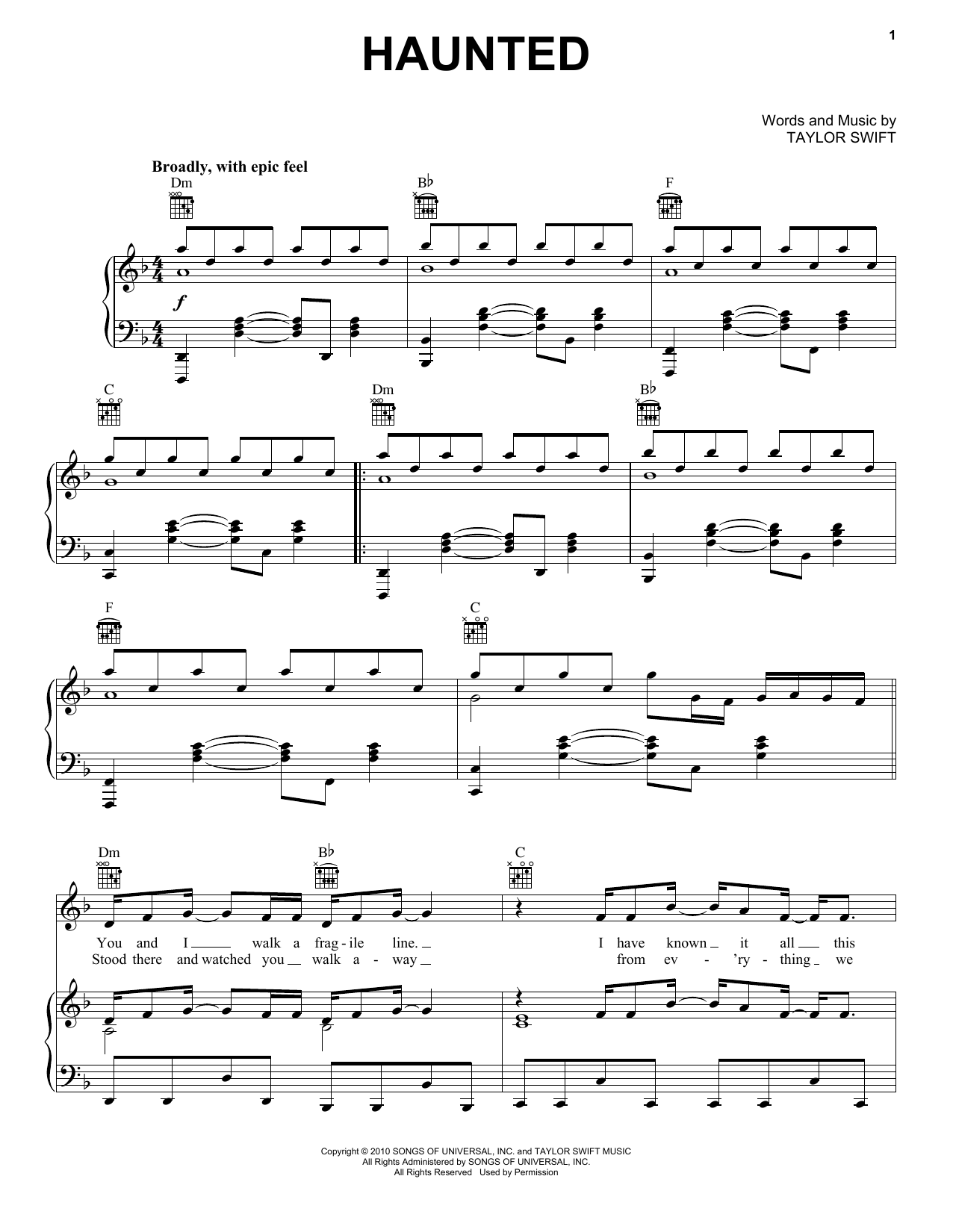 Taylor Swift Haunted sheet music notes and chords. Download Printable PDF.