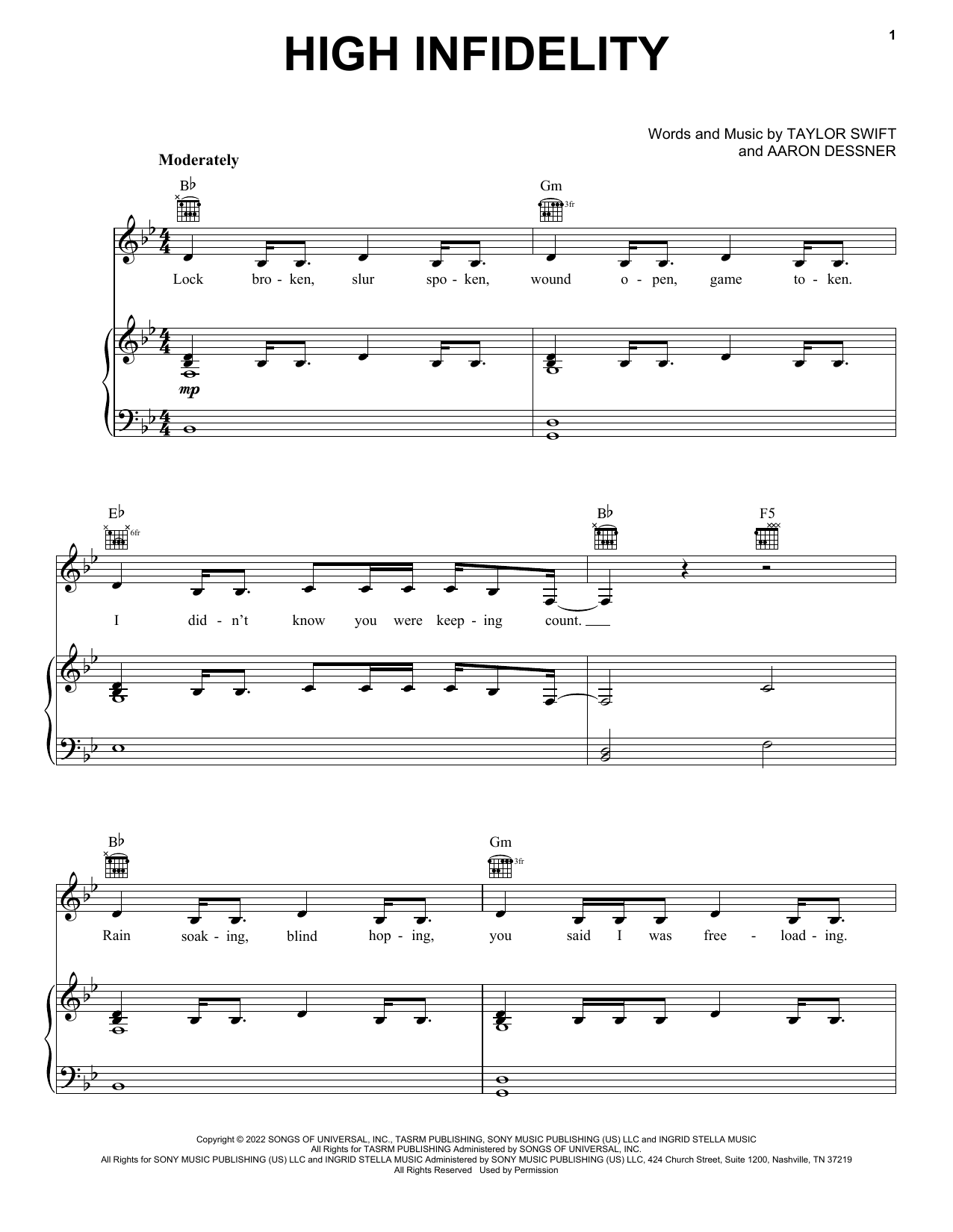 Taylor Swift High Infidelity sheet music notes and chords. Download Printable PDF.