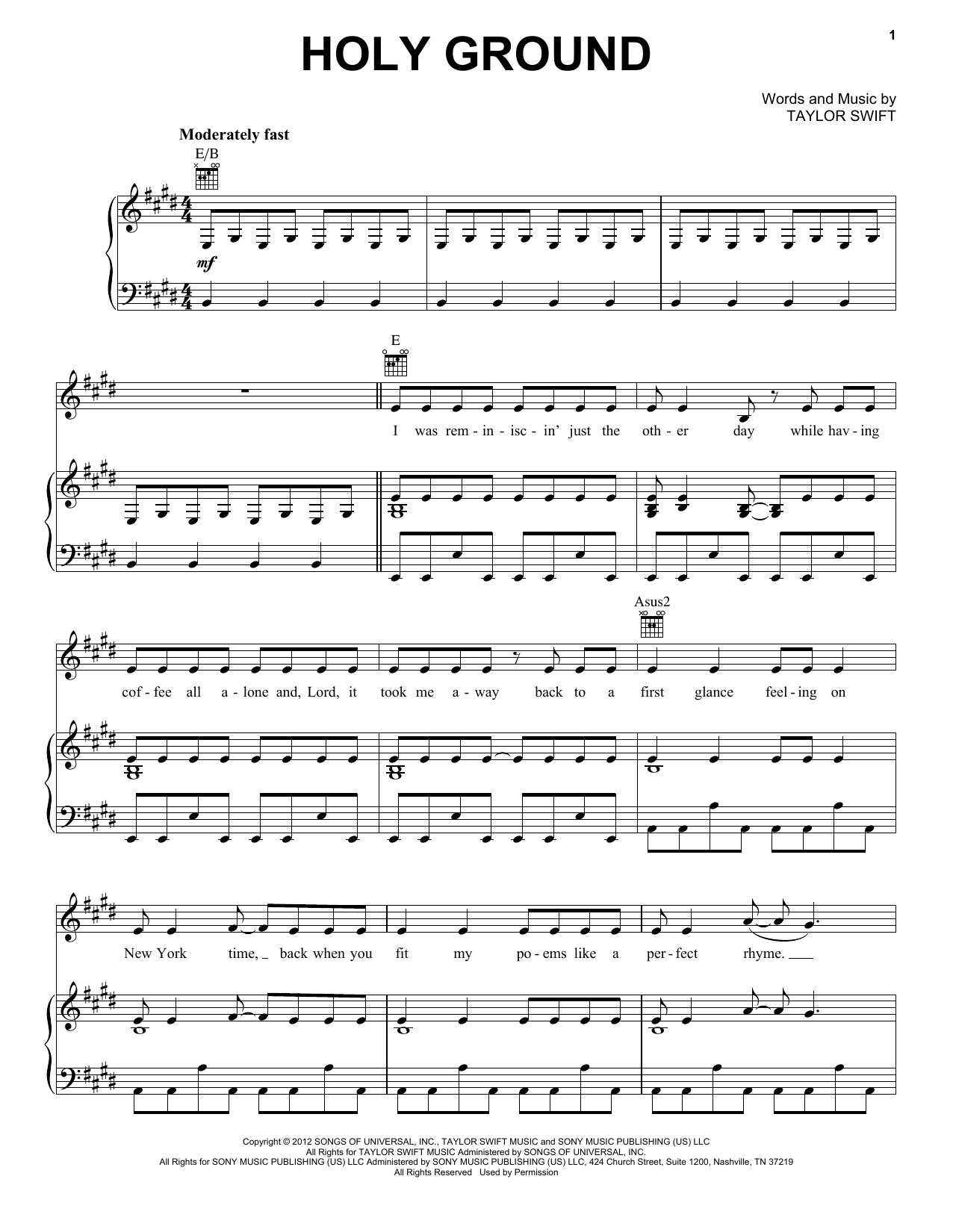 Taylor Swift Holy Ground sheet music notes and chords. Download Printable PDF.