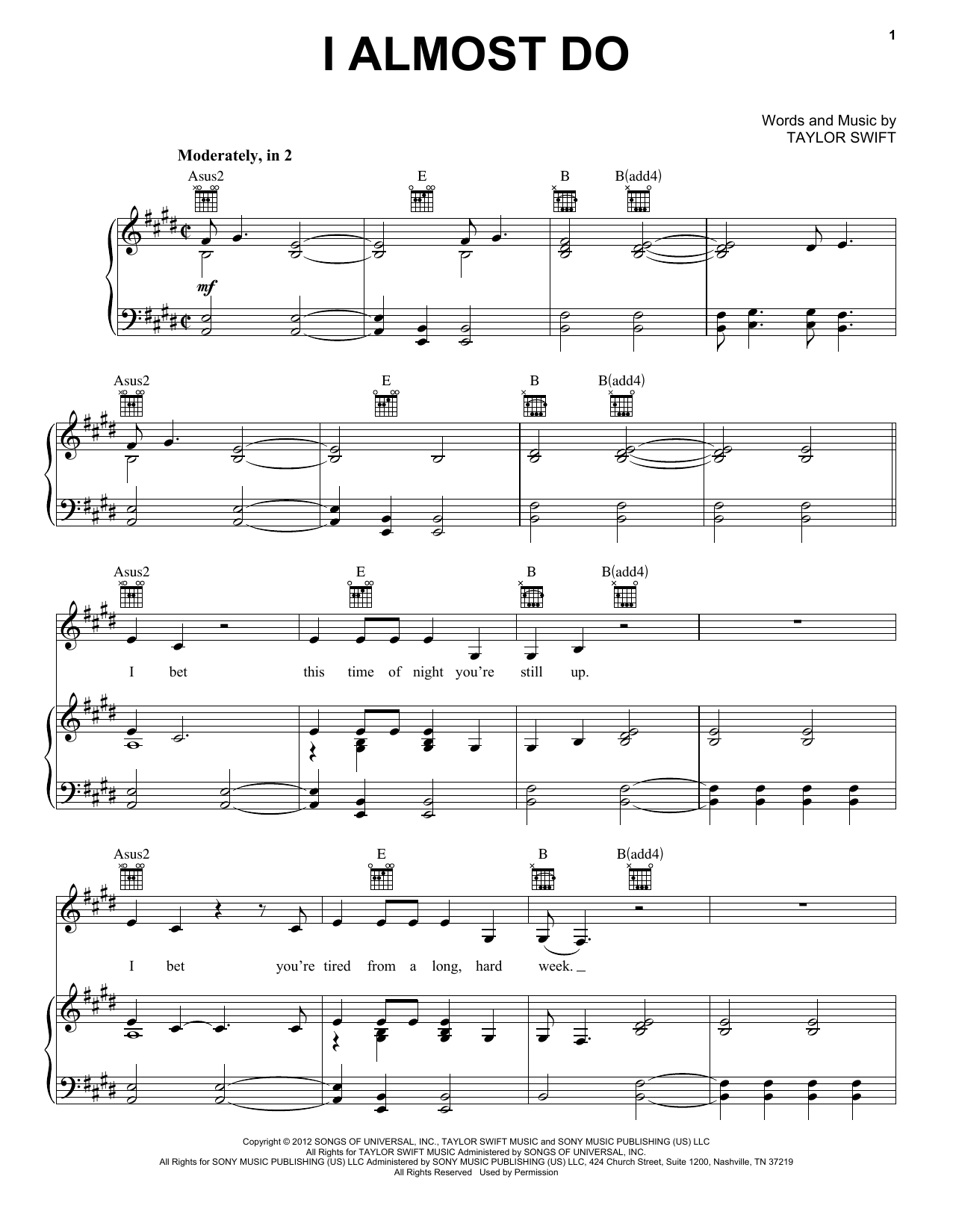 Taylor Swift I Almost Do sheet music notes and chords. Download Printable PDF.