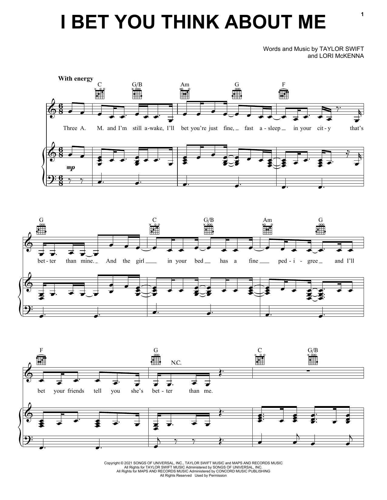 Taylor Swift I Bet You Think About Me (feat. Chris Stapleton) (Taylor's Version) (From The Vault) sheet music notes and chords. Download Printable PDF.