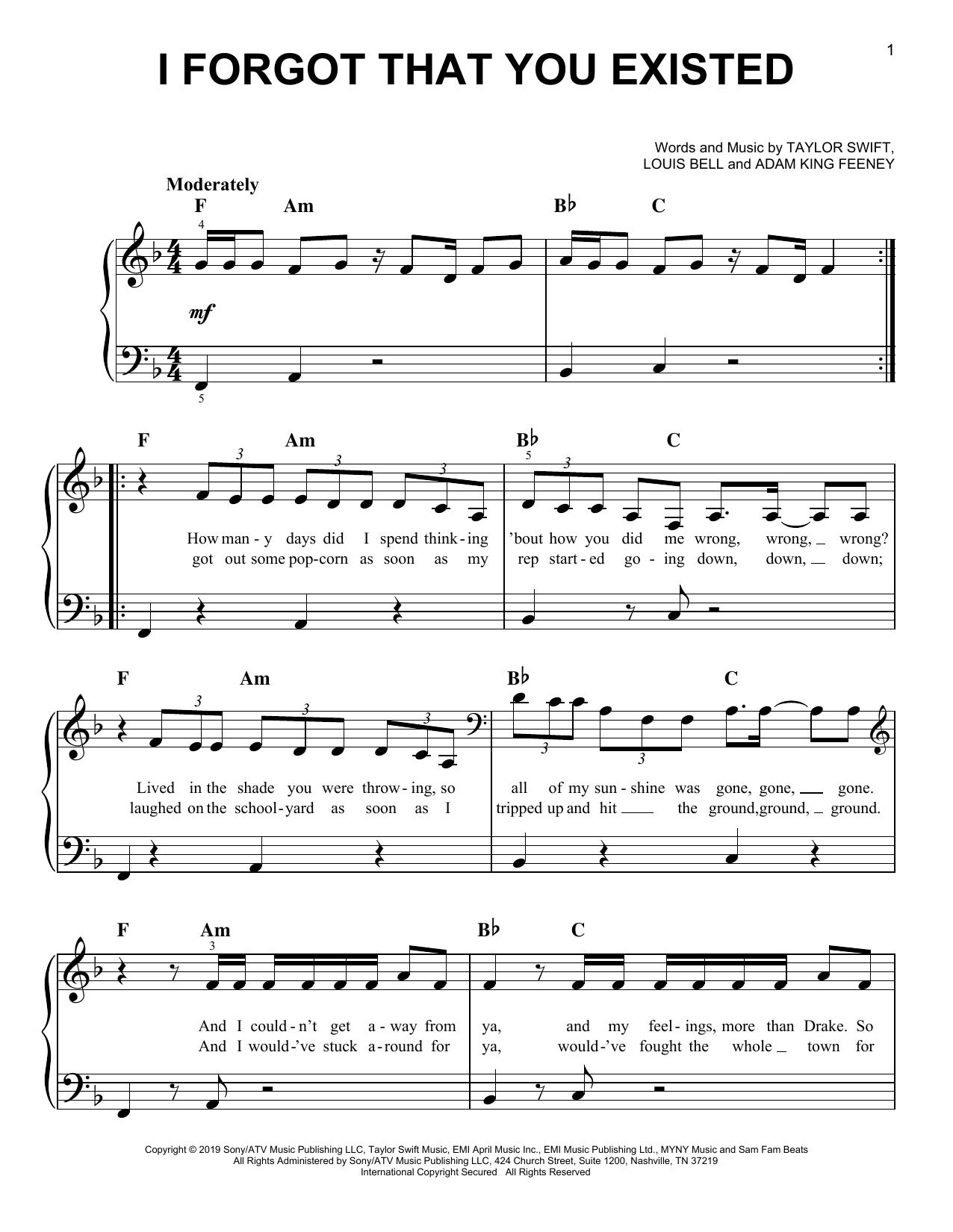 Taylor Swift I Forgot That You Existed sheet music notes and chords. Download Printable PDF.