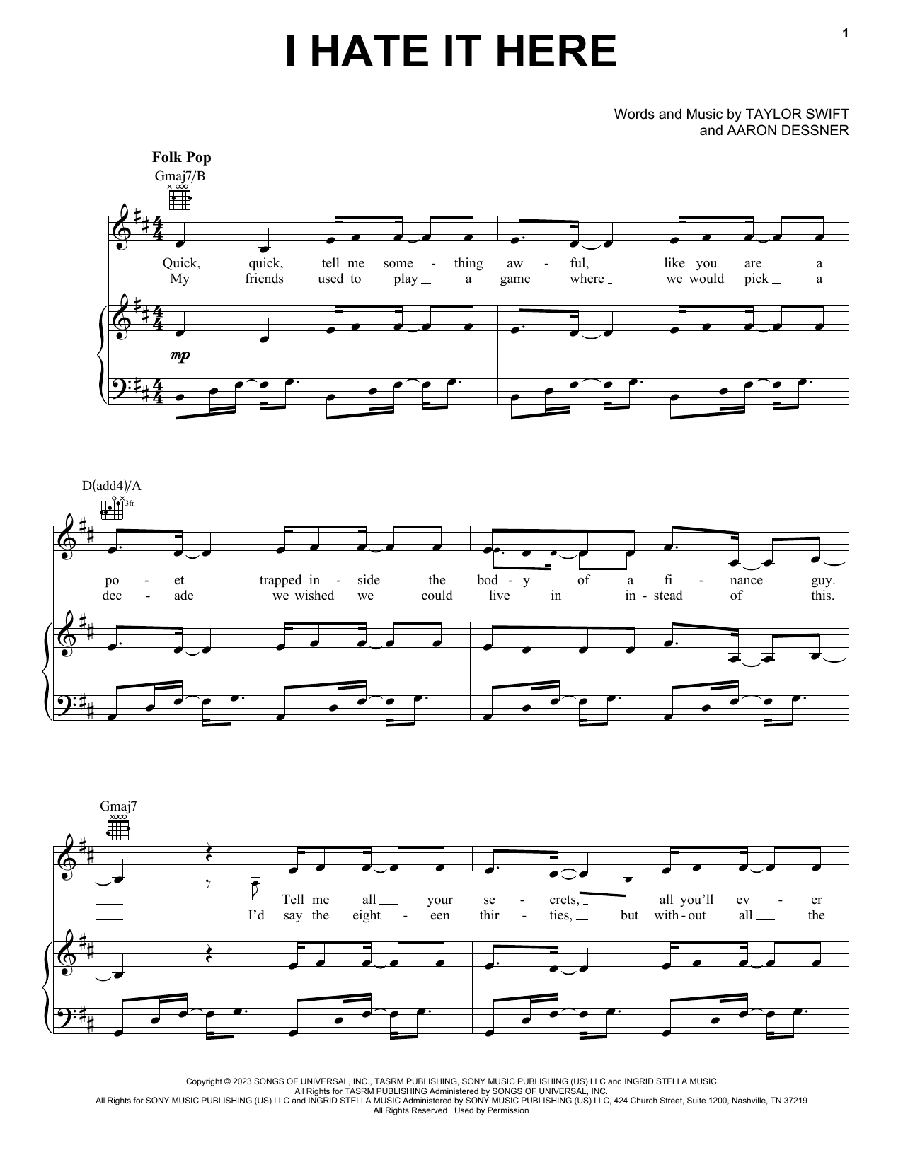 Taylor Swift I Hate It Here sheet music notes and chords. Download Printable PDF.