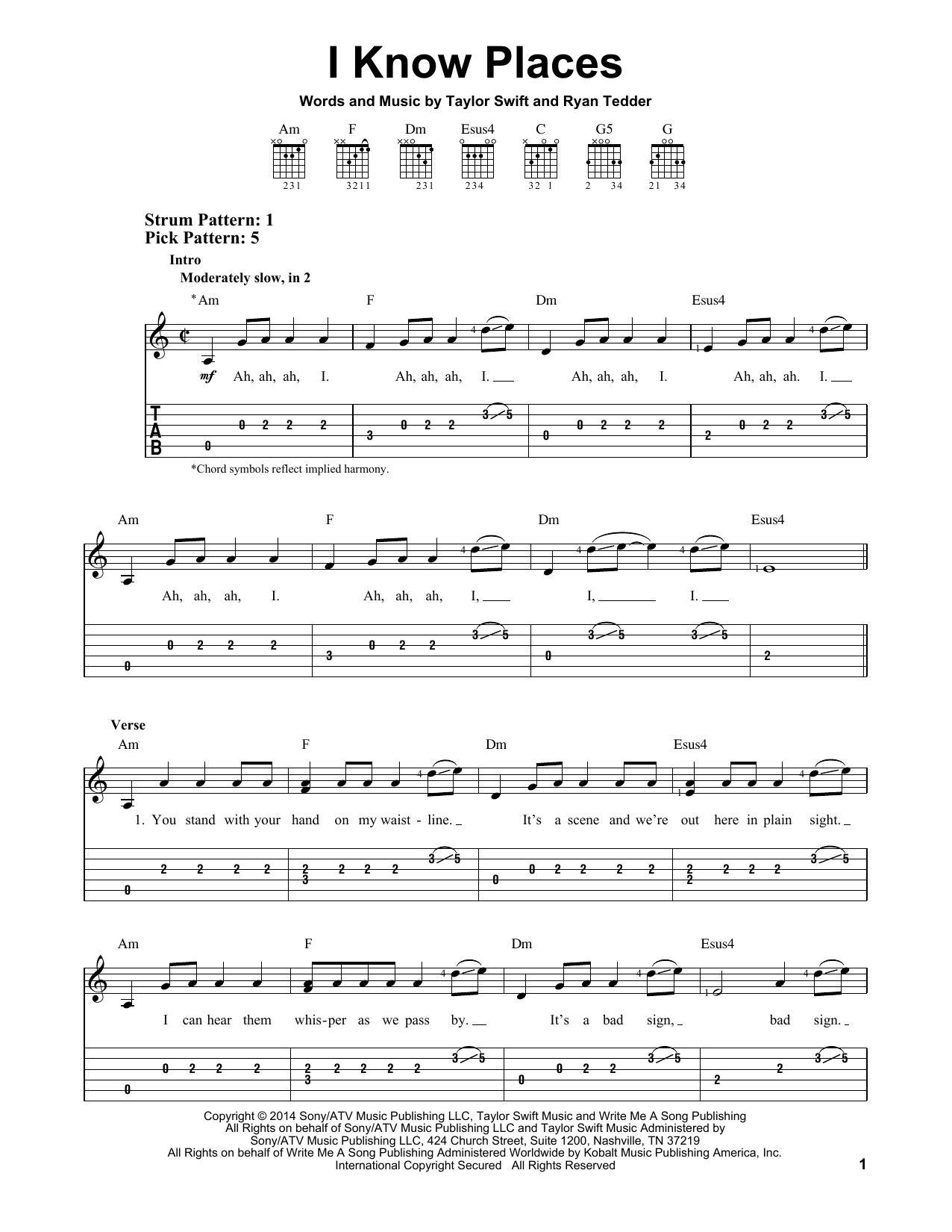 Taylor Swift I Know Places sheet music notes and chords. Download Printable PDF.